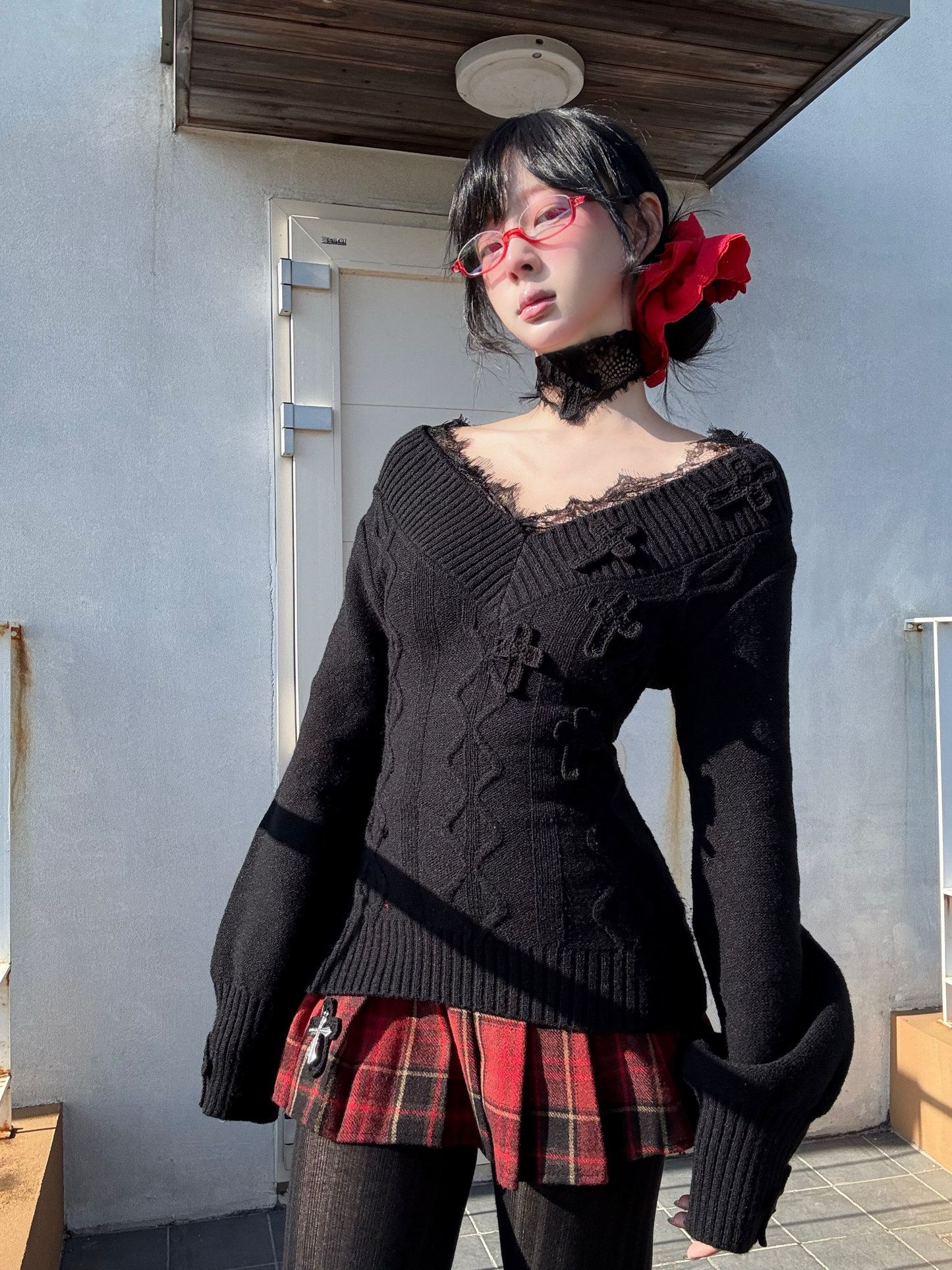 Black Lace Crochet Cross choker