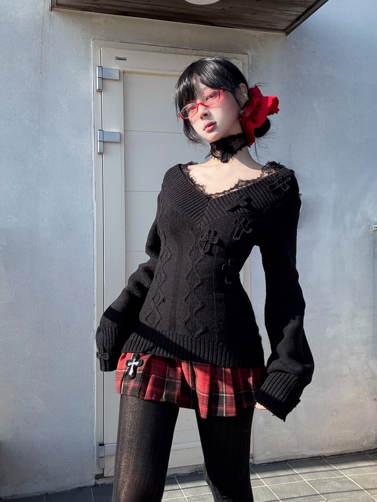 Black Lace Crochet Cross choker