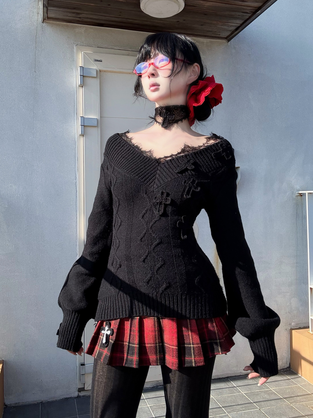 Black Lace Crochet Cross Choker