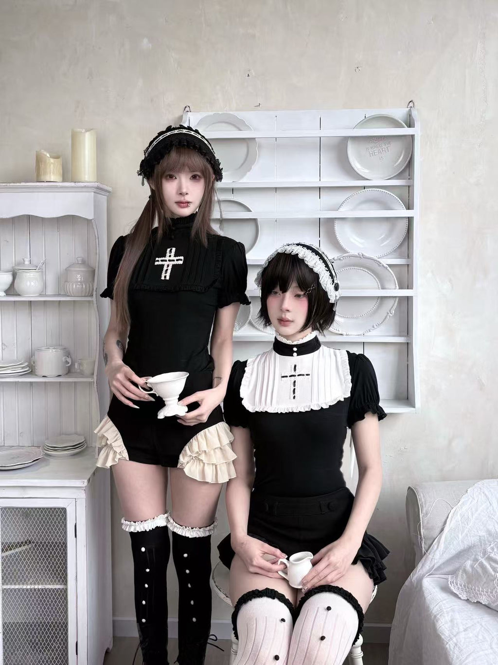 Soft goth ruffled bloomer shorts paired with gothic maid outfits