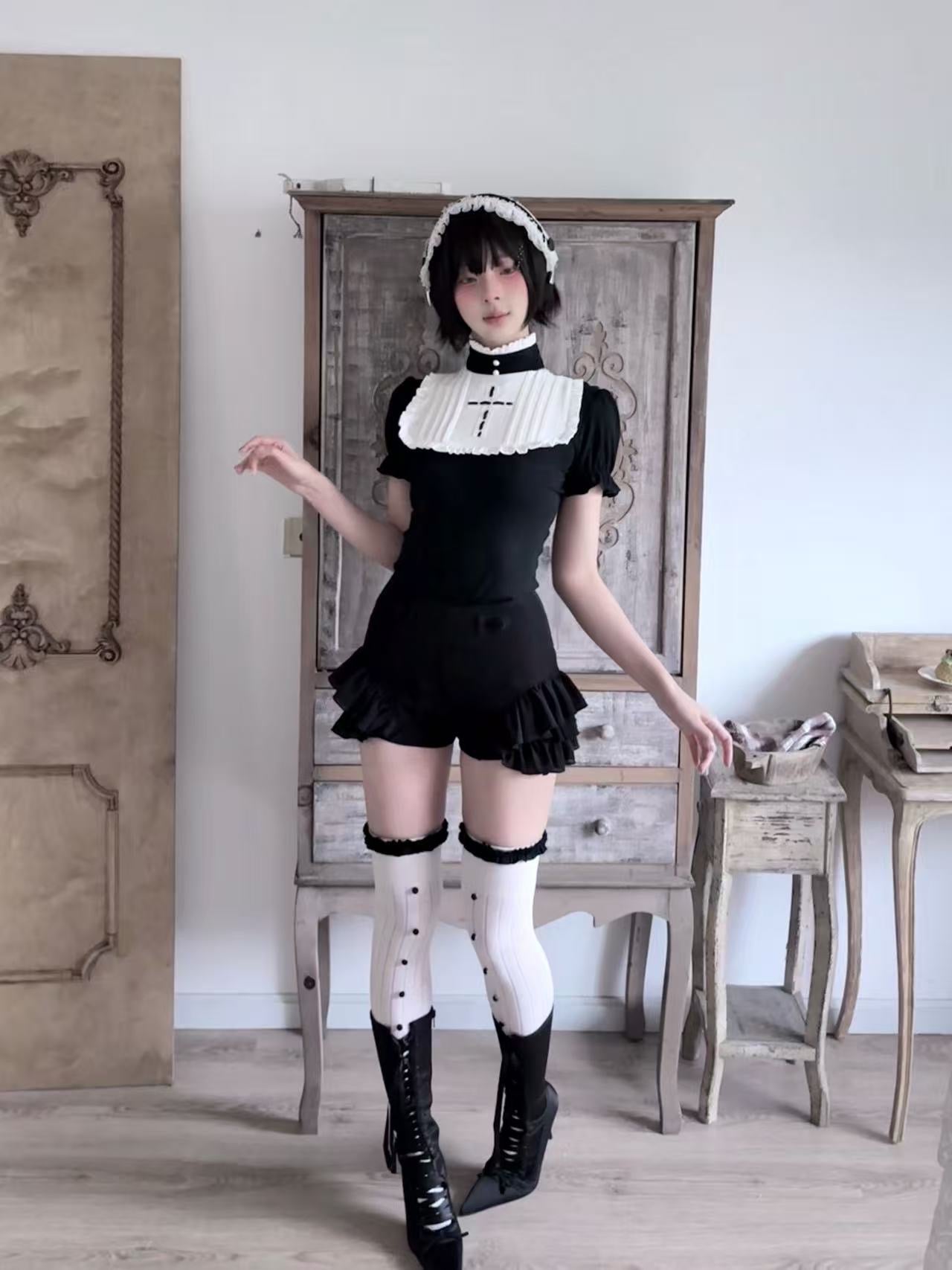 Anime goth maidcore fashion with gothic over-the-knee ruffle stockings