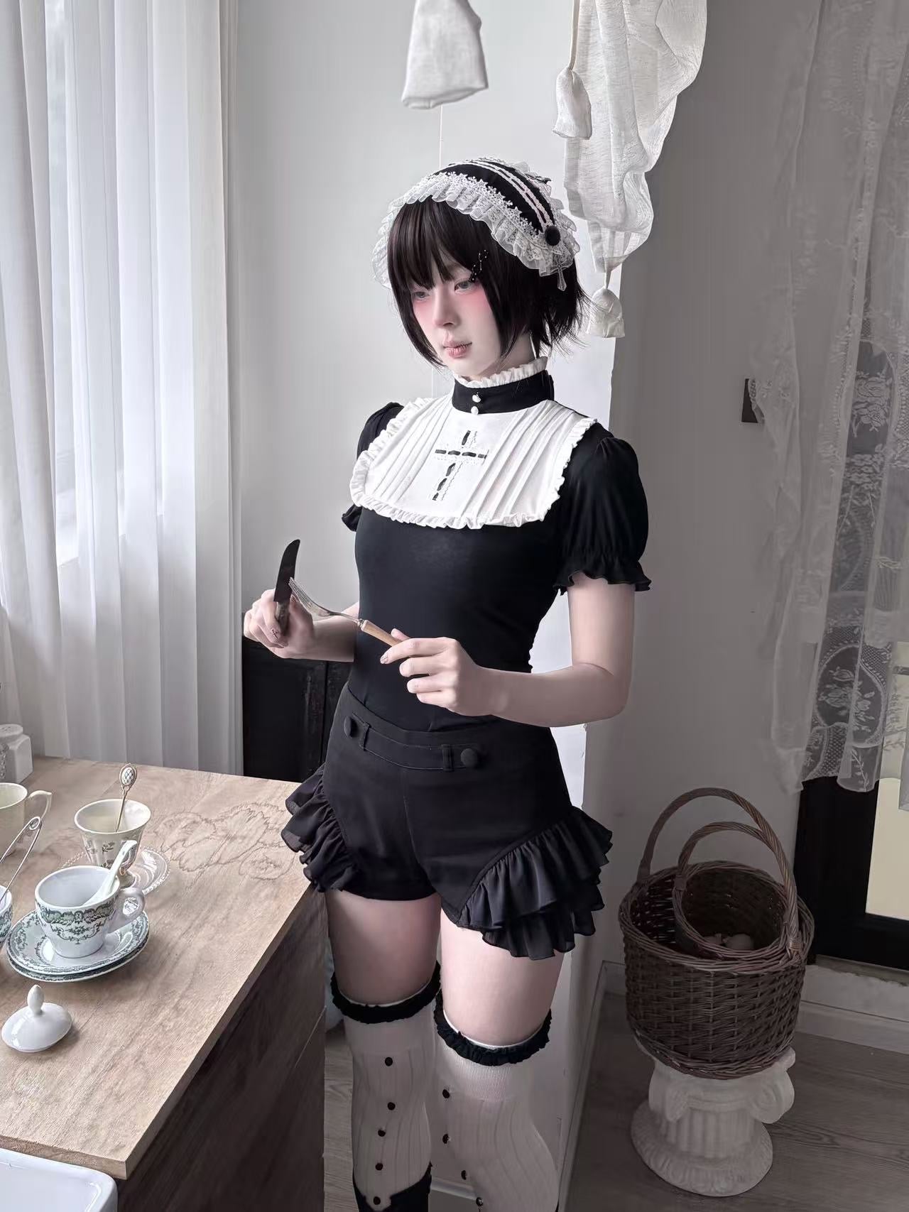 Dark coquette gothic bloomer shorts outfit with maidcore aesthetic