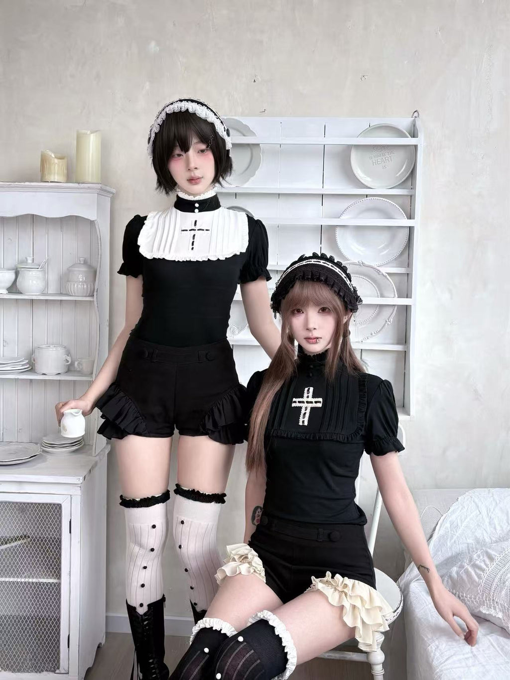 Black and white gothic short sleeve tops styled with dark coquette maidcore fashion