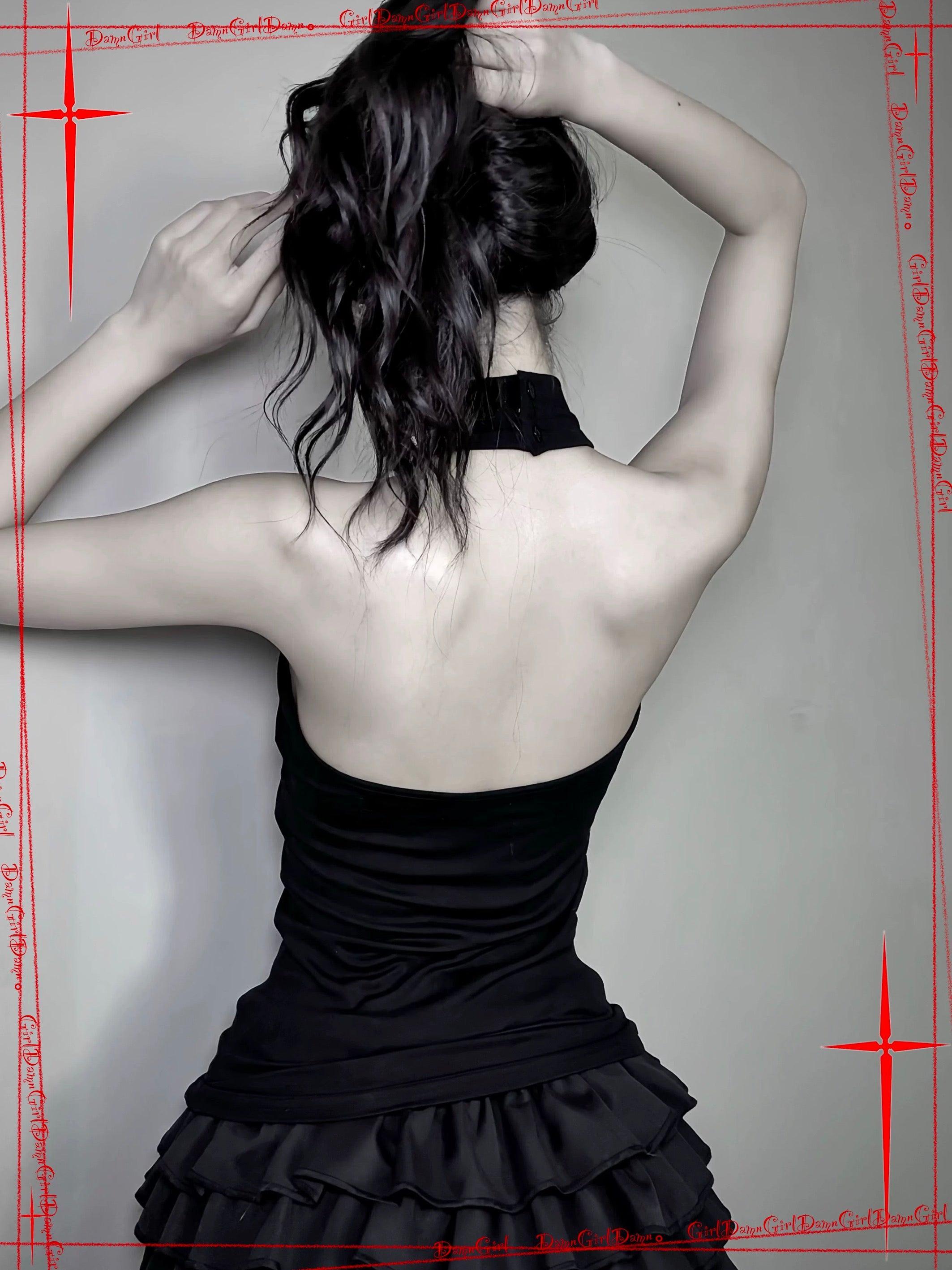 𖤓 Sanctioned Dark Cross Halter Top with Open Back