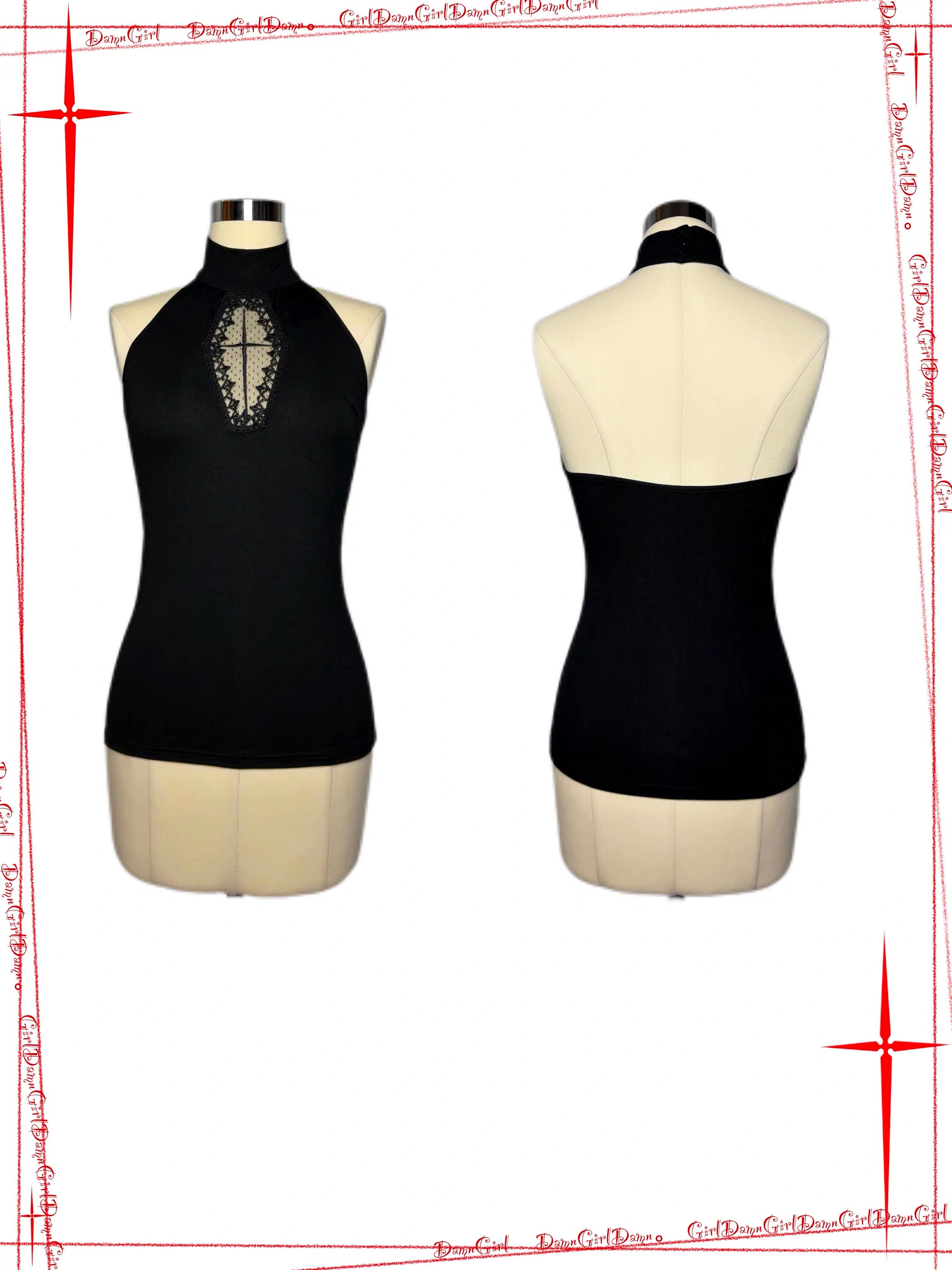 𖤓 Sanctioned Dark Cross Halter Top with Open Back