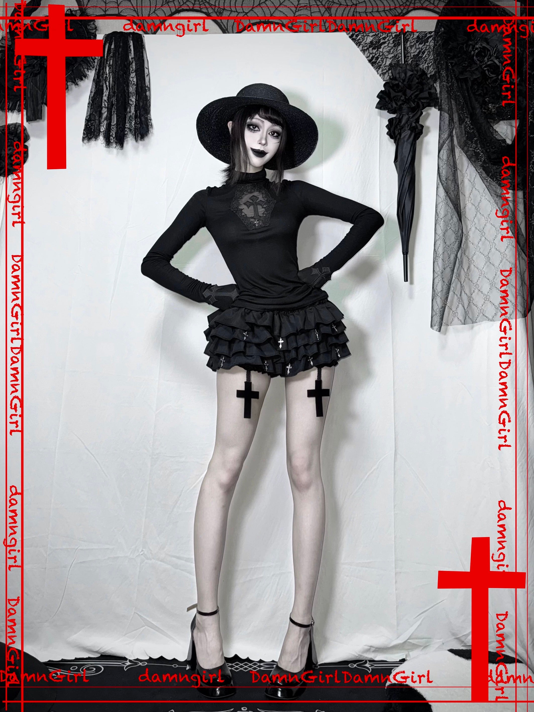✞ Dark Gothic Cross Skirt with Tiered Ruffle Bloomers