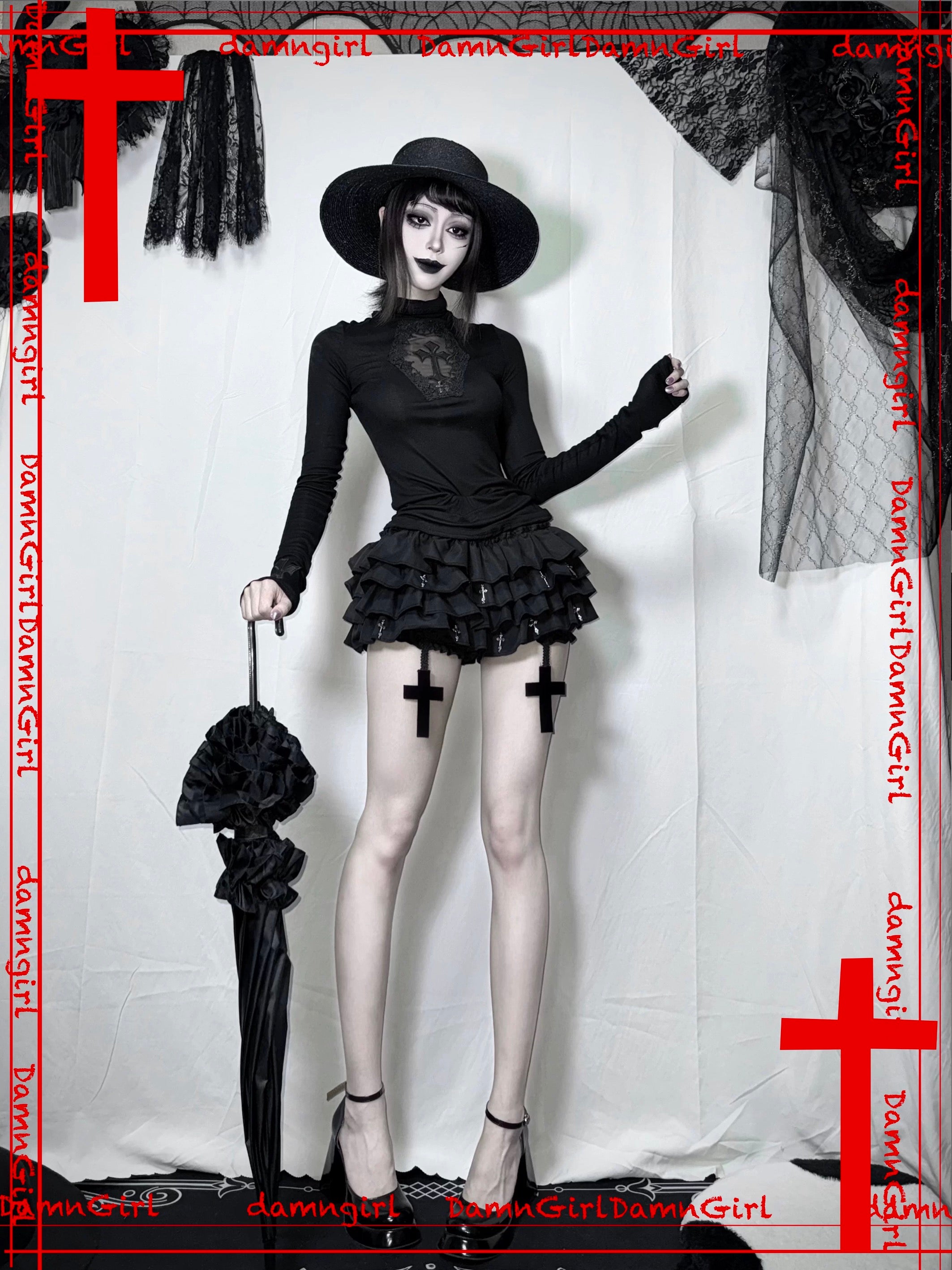 ✞ Dark Gothic Cross Skirt with Tiered Ruffle Bloomers