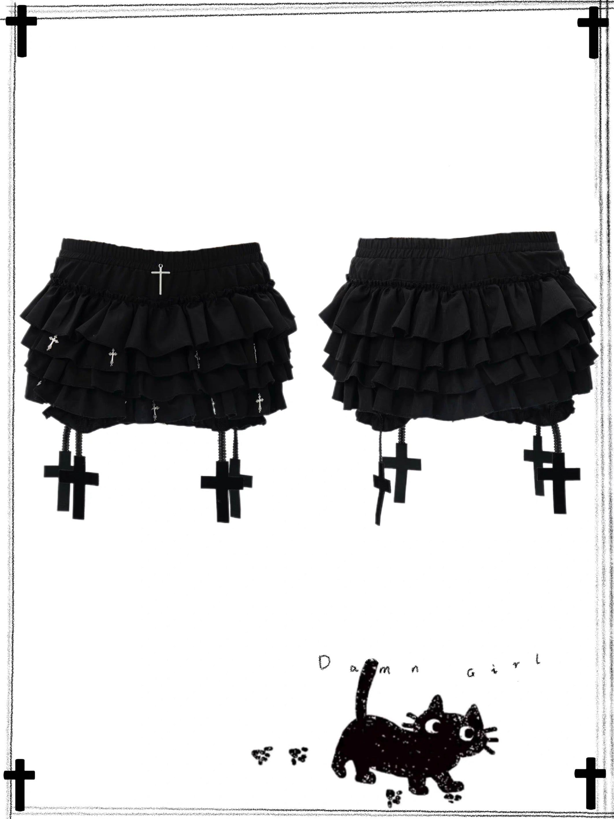 ✞ Dark Gothic Cross Skirt with Tiered Ruffle Bloomers