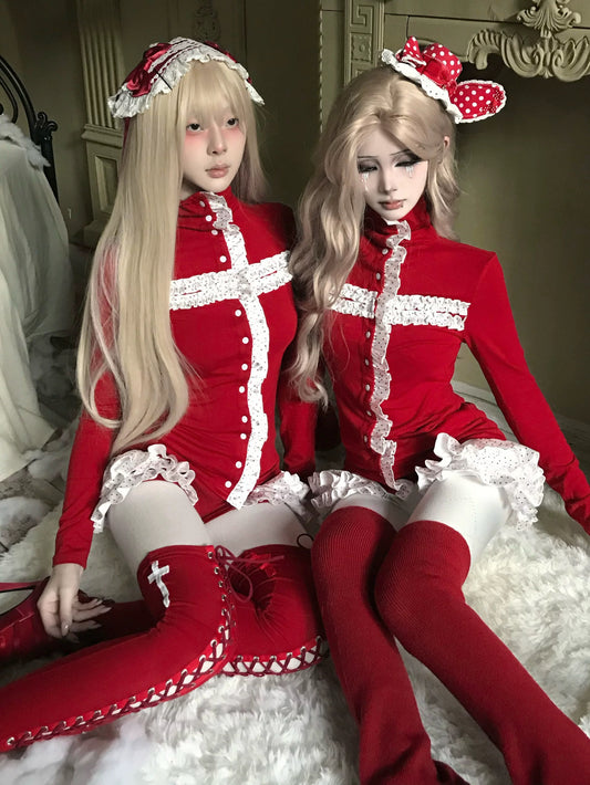 ❅ Dotty Cross Top - Christmas Red