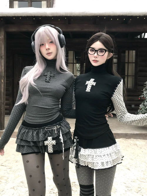 Grey and black gothic bloomers with layered mesh ruffle detailing and cross charm accessories