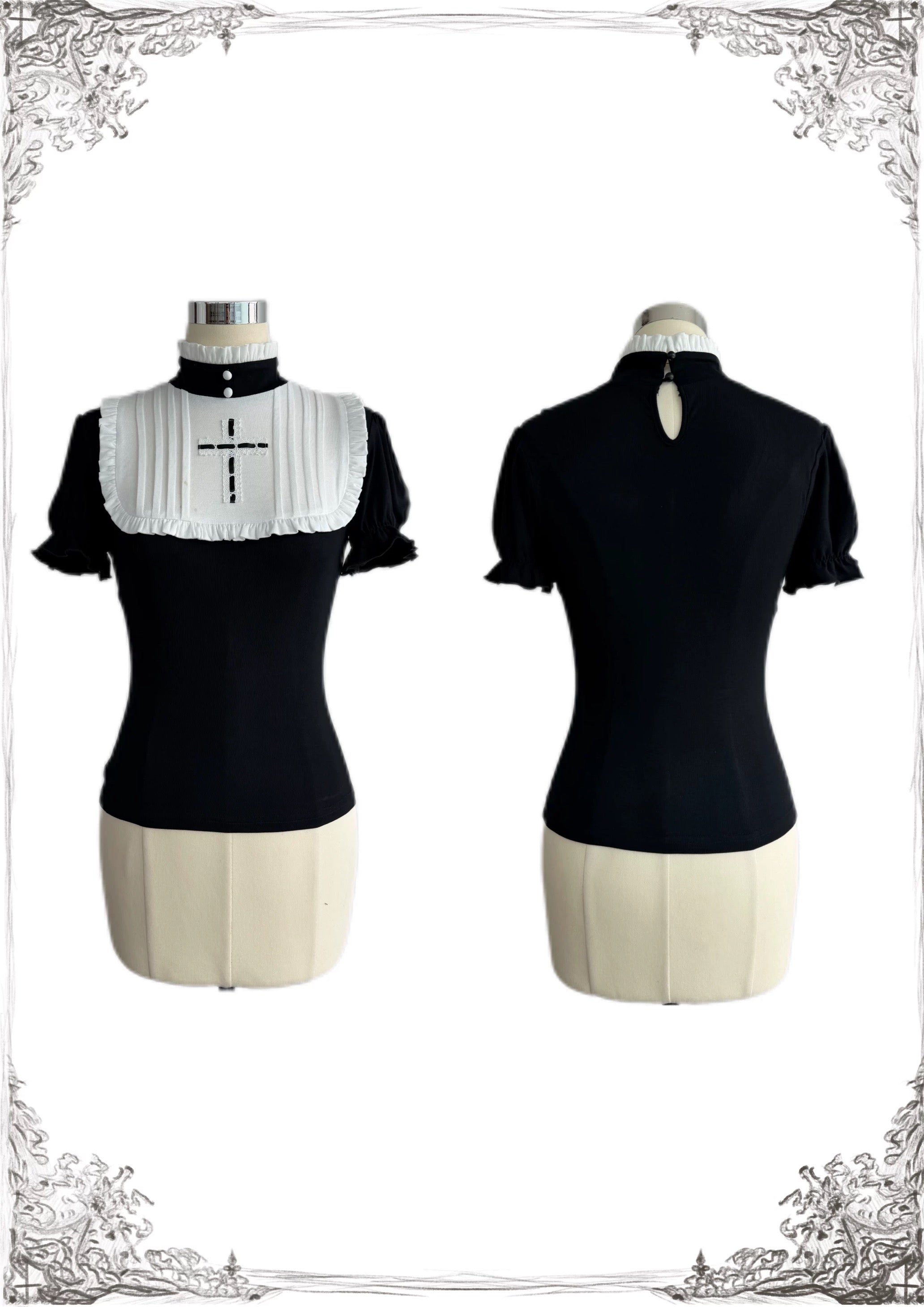 Black and white gothic maidcore short sleeve top front and back product view