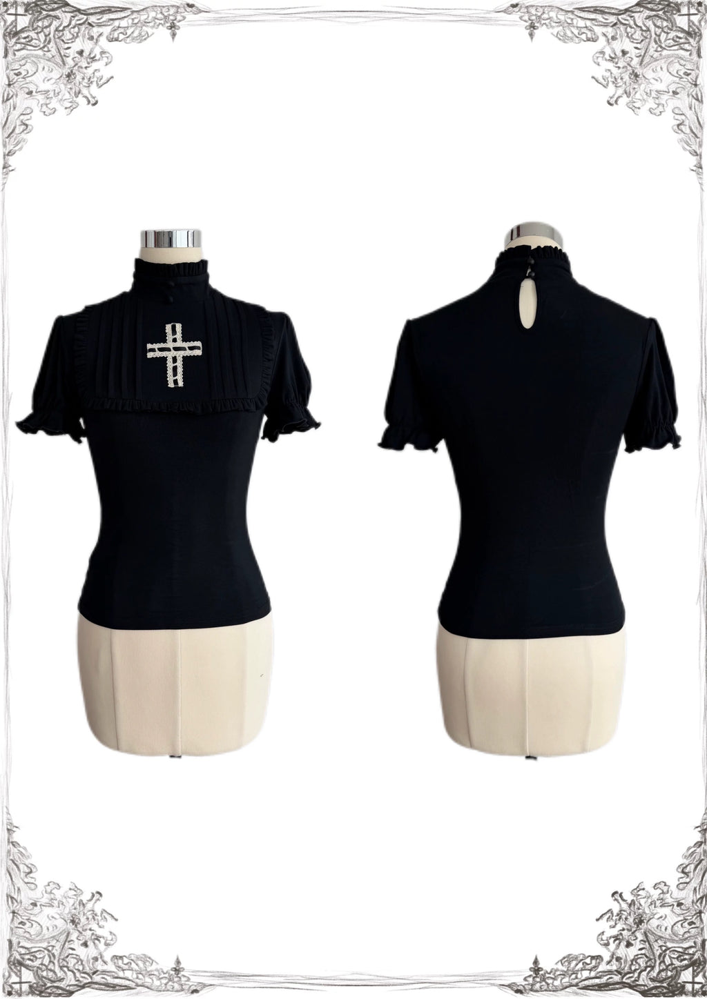 Black gothic cross embroidered short sleeve top front and back product view