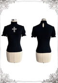 Black gothic cross embroidered short sleeve top front and back product view