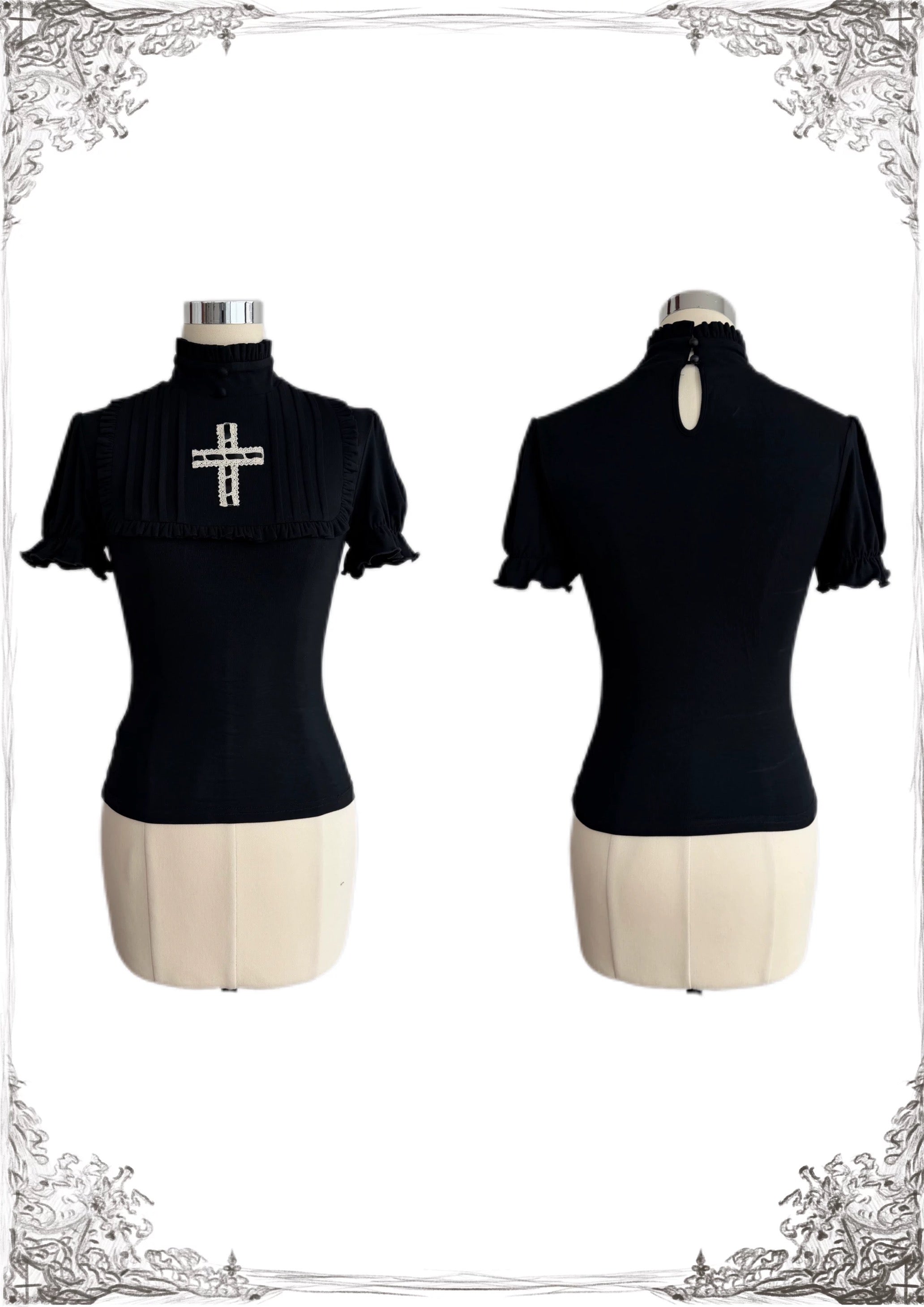 Black gothic cross embroidered short sleeve top front and back product view