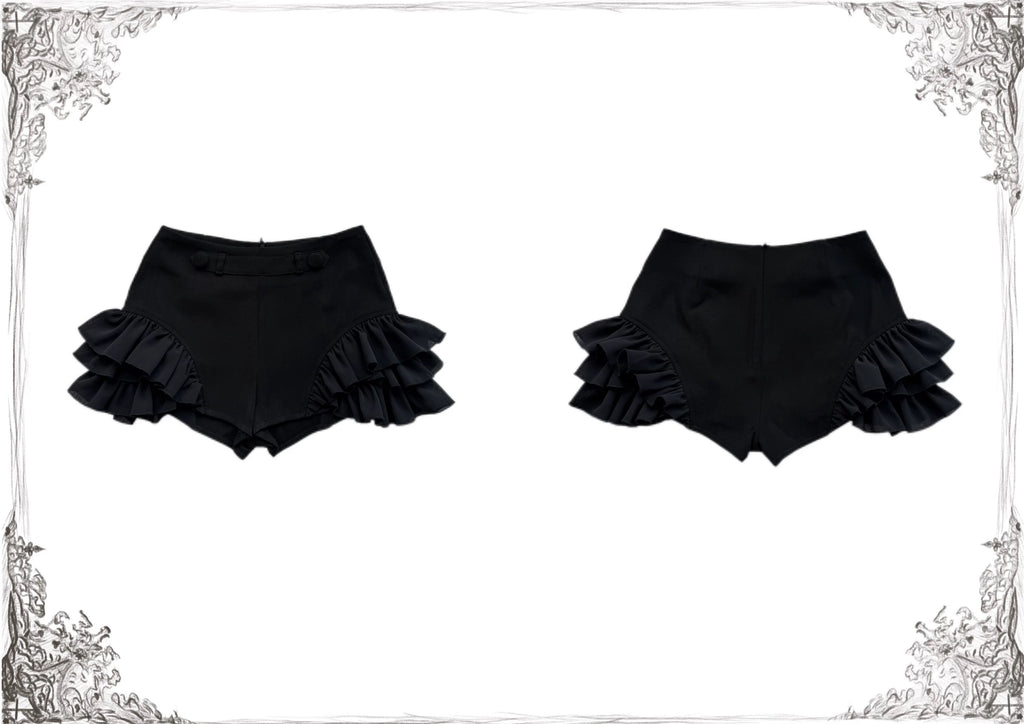 Black gothic ruffled bloomer shorts product flat lay