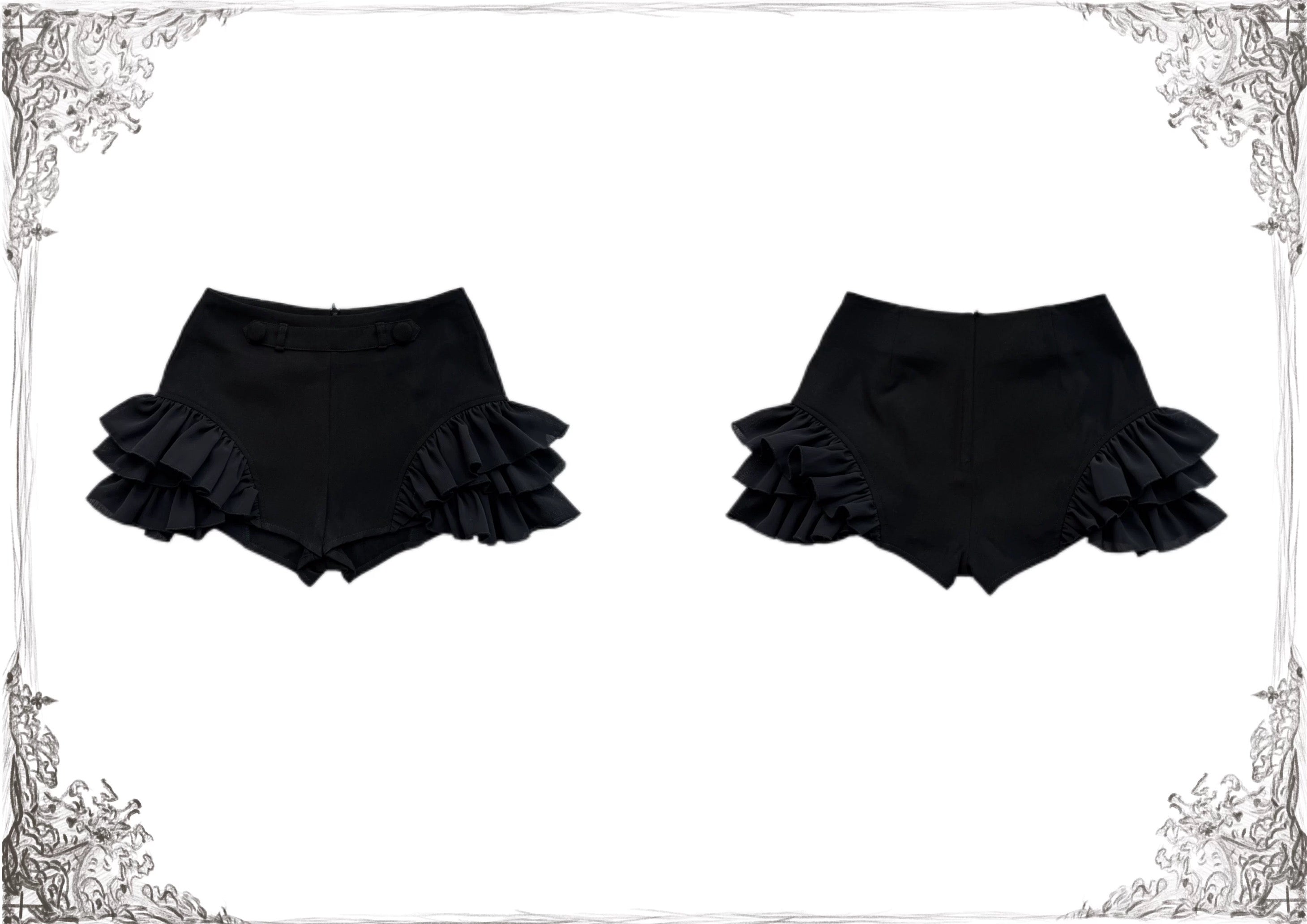 Black gothic ruffled bloomer shorts product flat lay