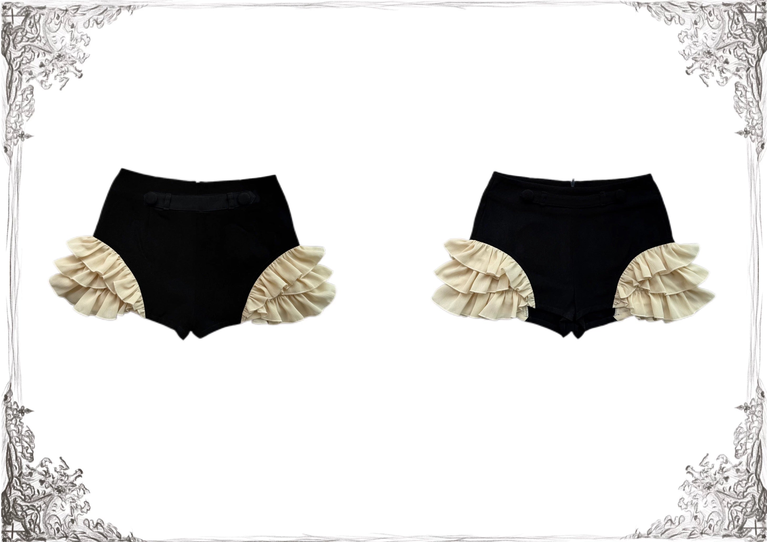 Black and cream gothic ruffled bloomer shorts product flat lay