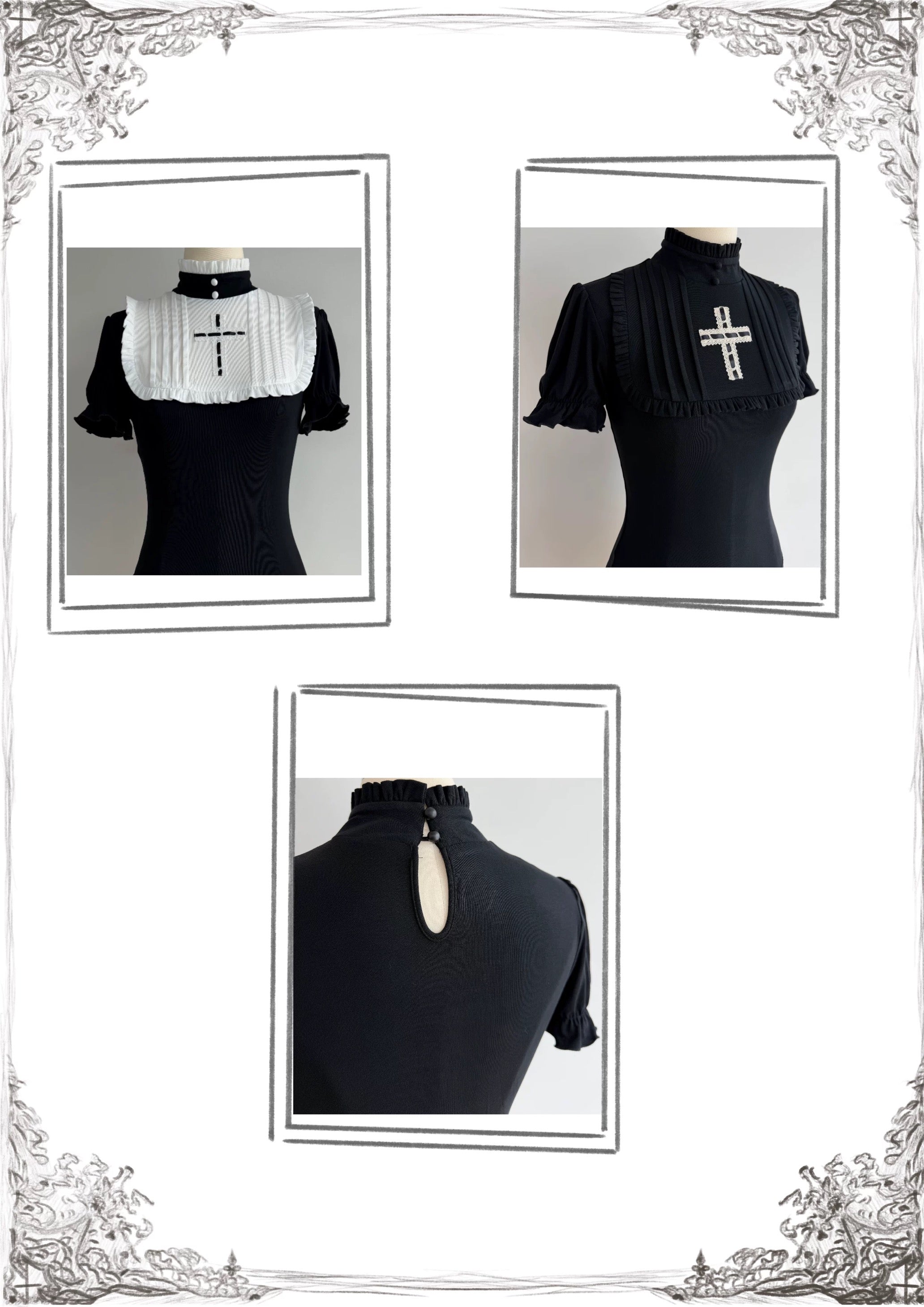 Gothic cross short sleeve top close-up details with high neckline and back cutout
