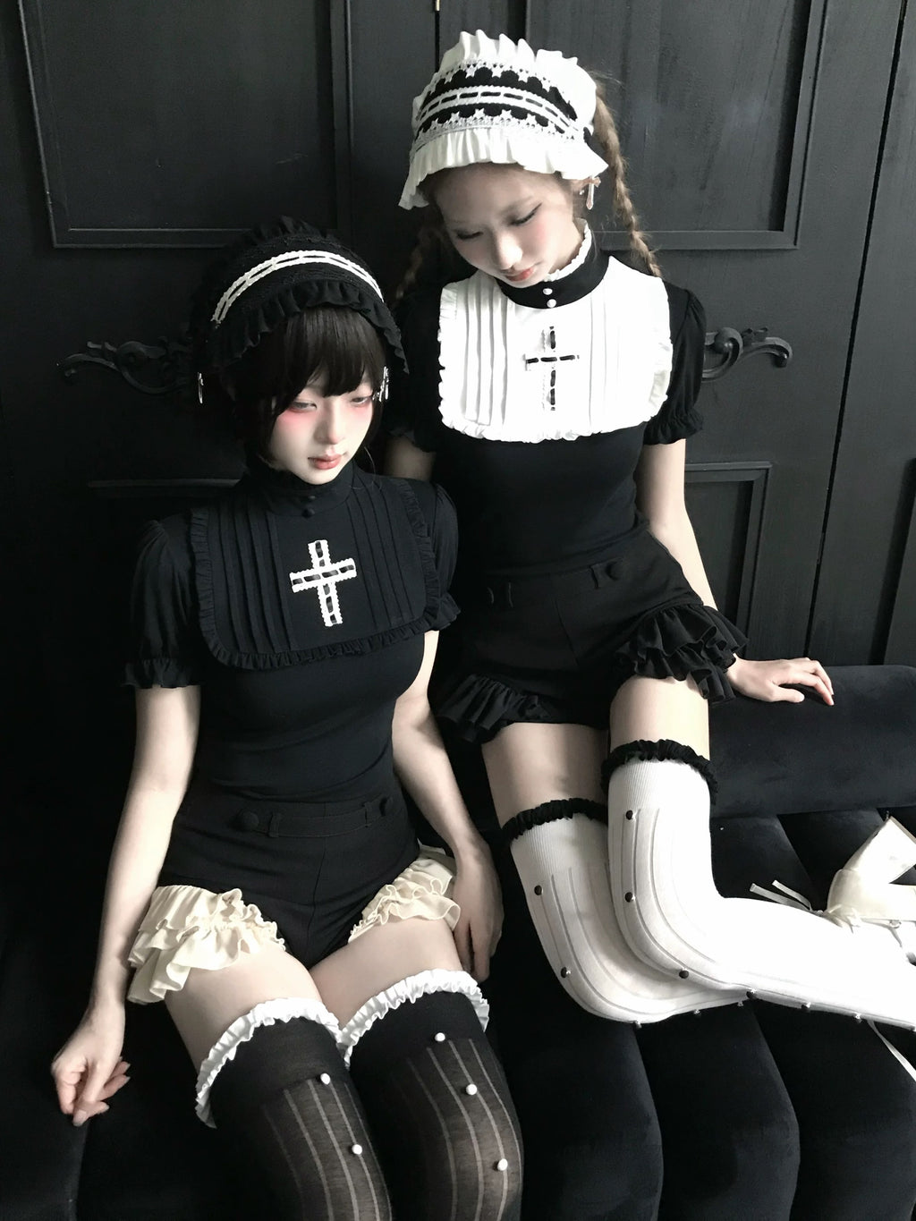 Black and white gothic lace maid headbands styled with dark coquette anime fashion