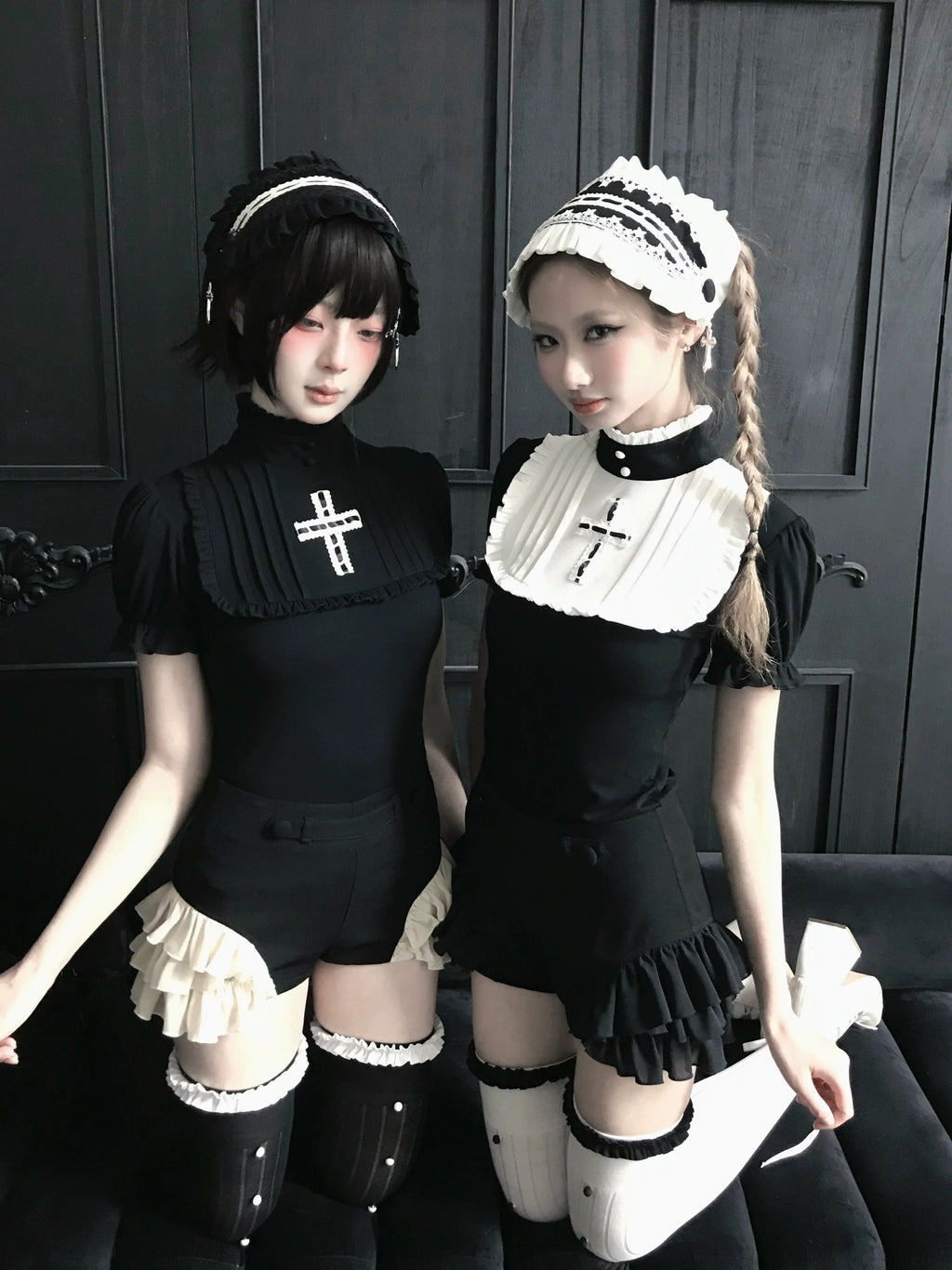 Dark coquette gothic maid outfits featuring lace headbands and cross details