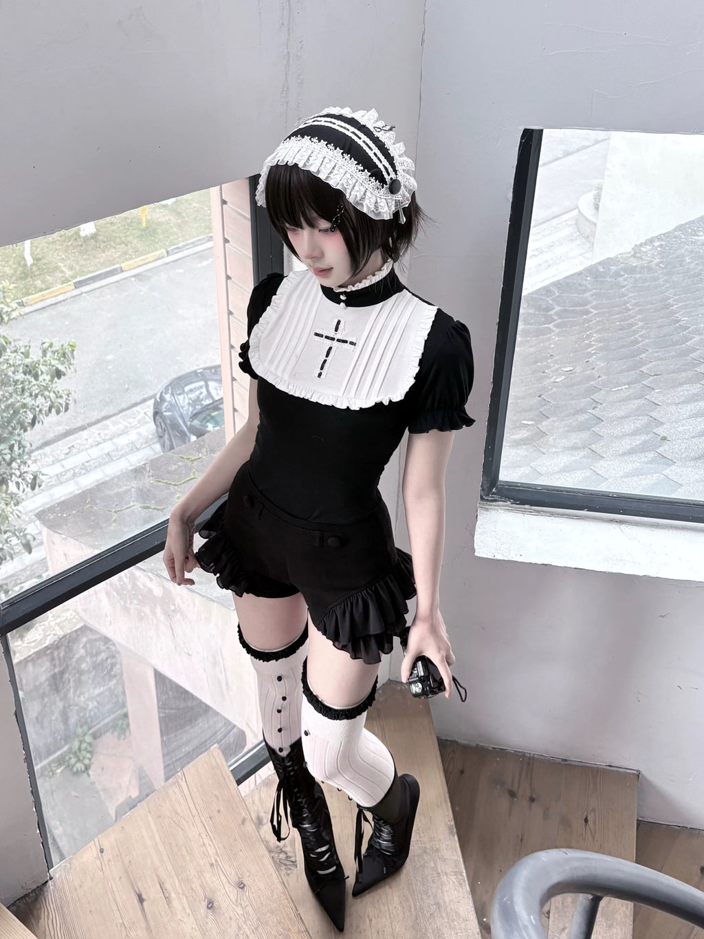 Black gothic lace maid headband for dark coquette and gothic lolita outfits