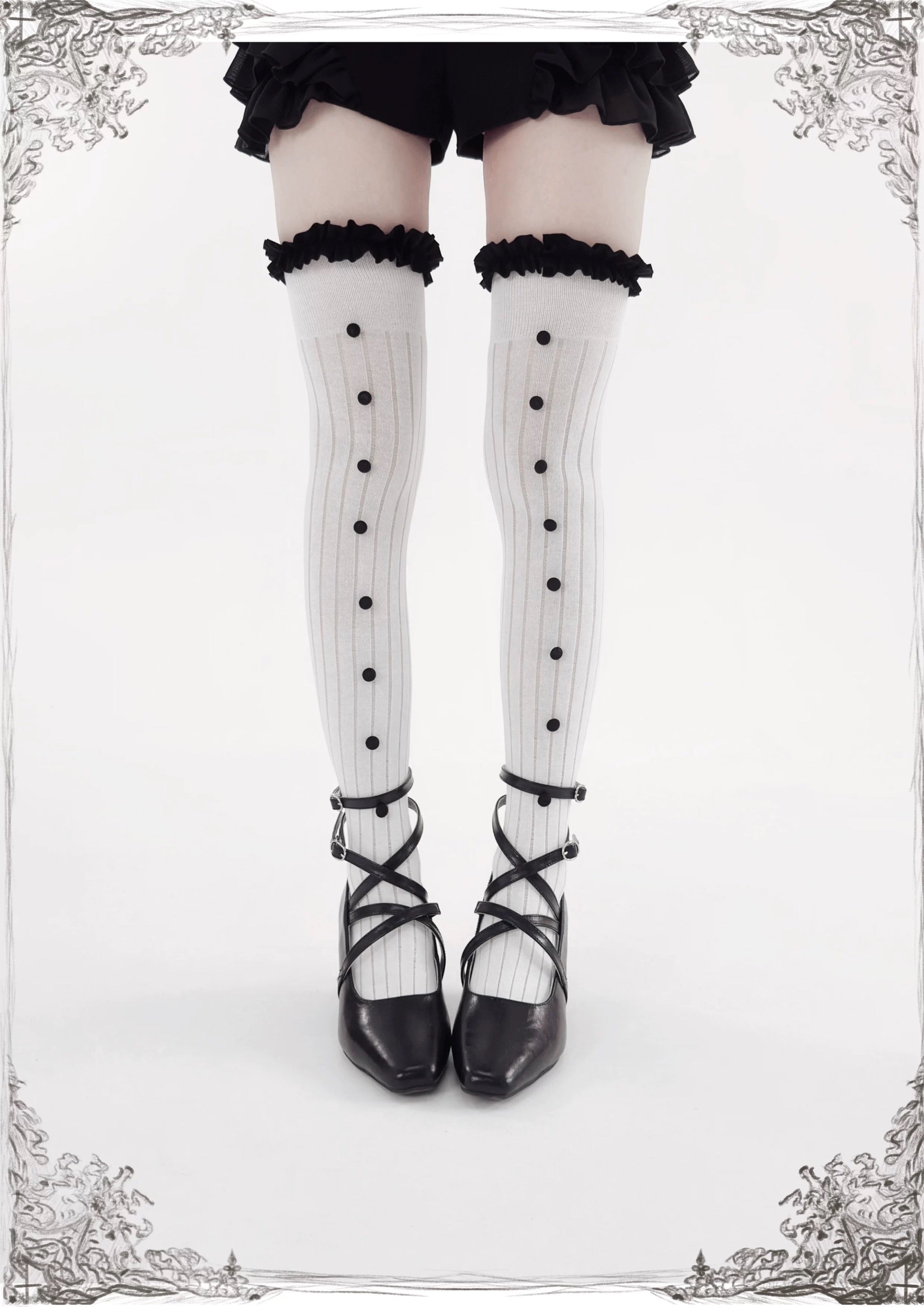 White gothic ruffle stockings with soft goth and maidcore aesthetic