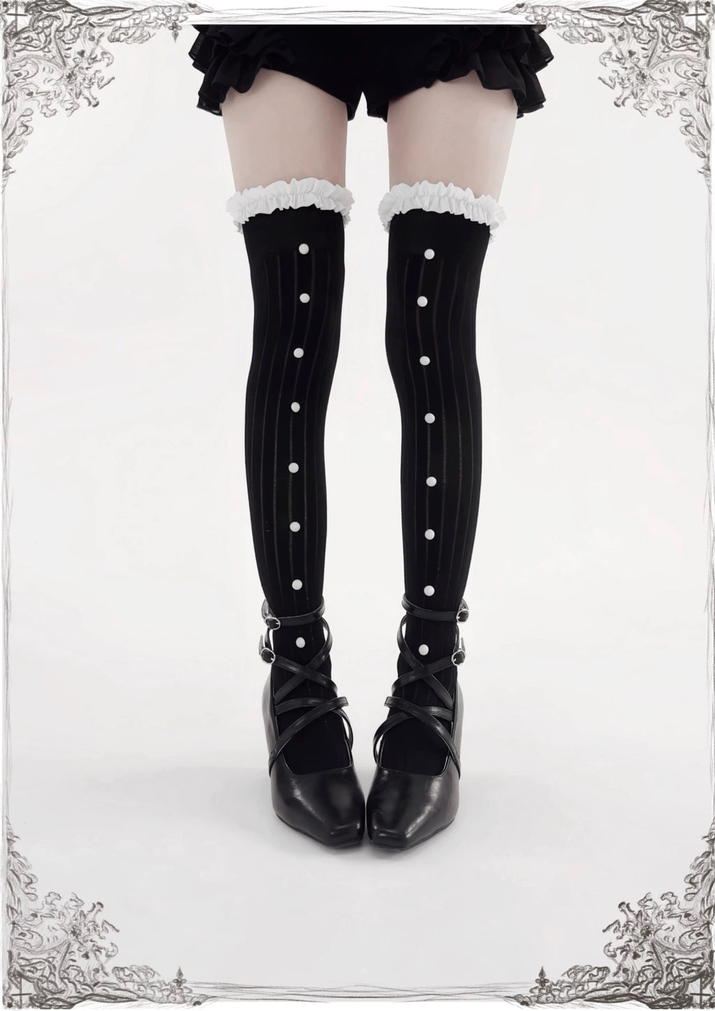 Black gothic ruffle stockings for dark coquette and gothic lolita outfits