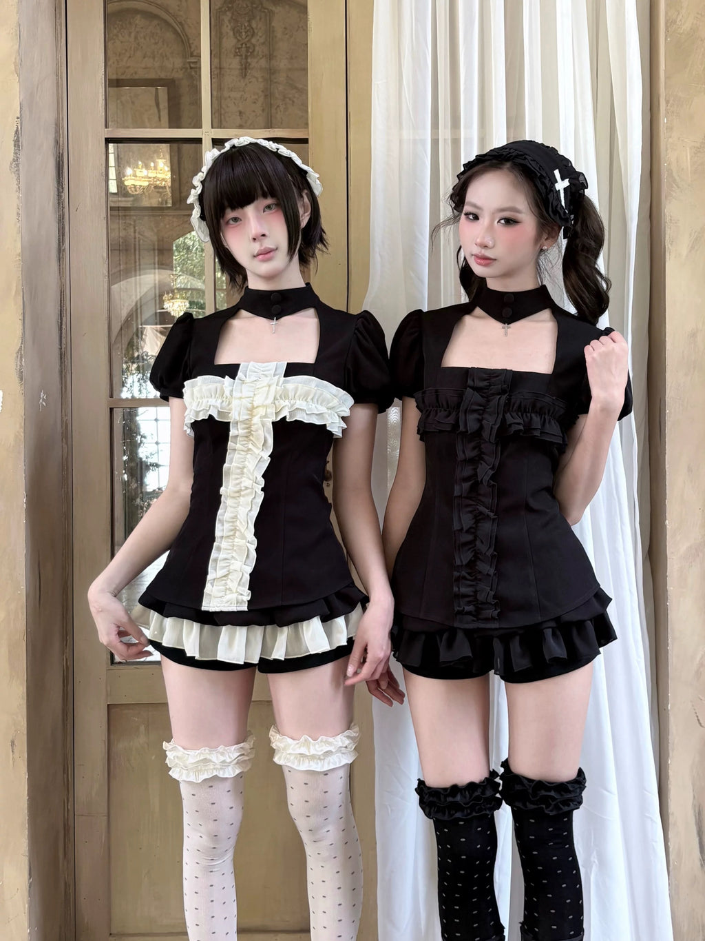 Black and white gothic puff sleeve tops styled with dark coquette anime fashion