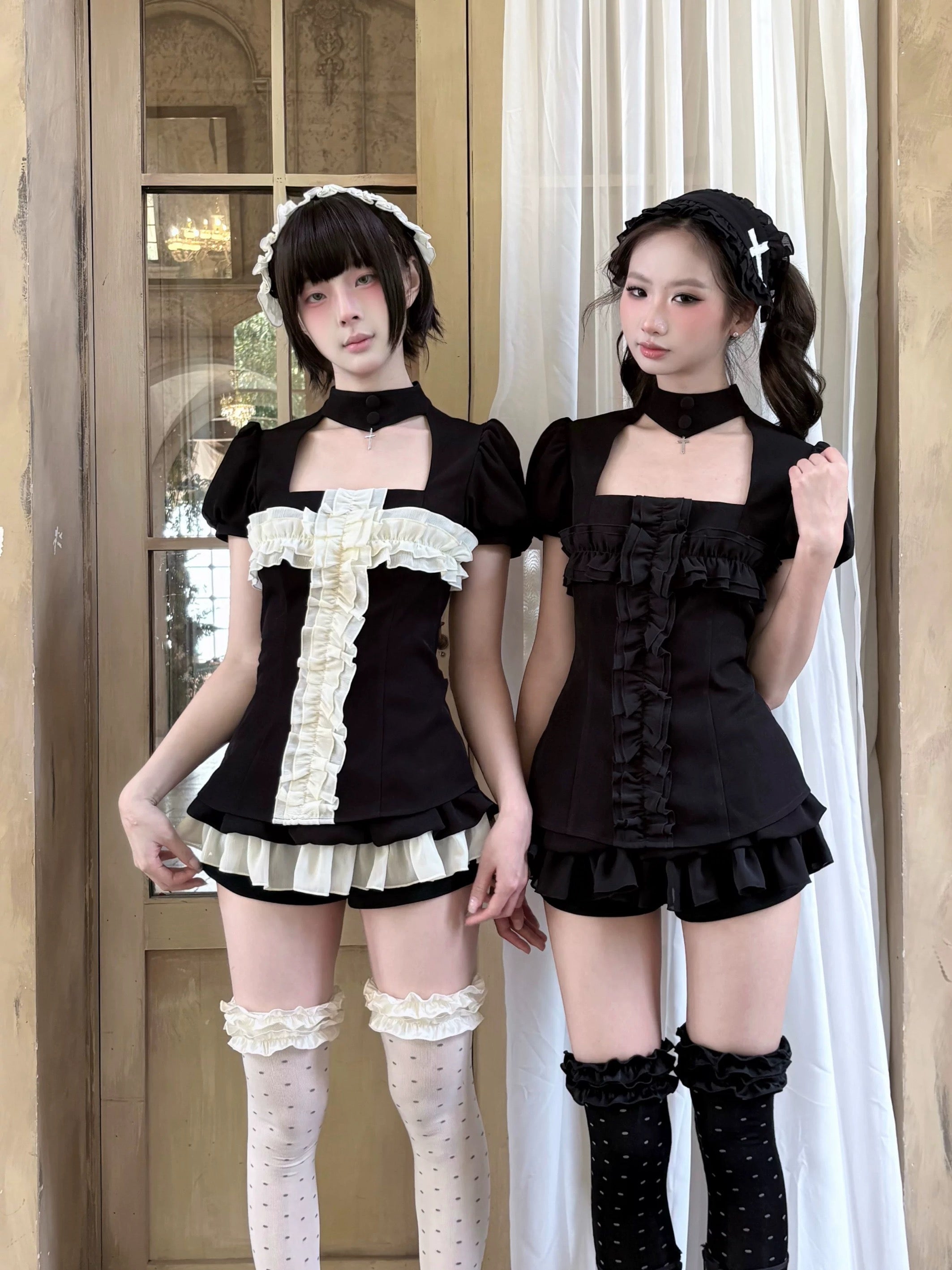 Black and white gothic puff sleeve tops styled with dark coquette anime fashion