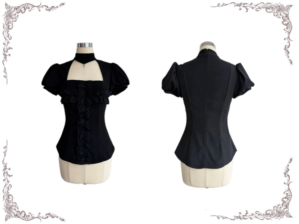 Black gothic maidcore puff sleeve top with monochrome ruffle details