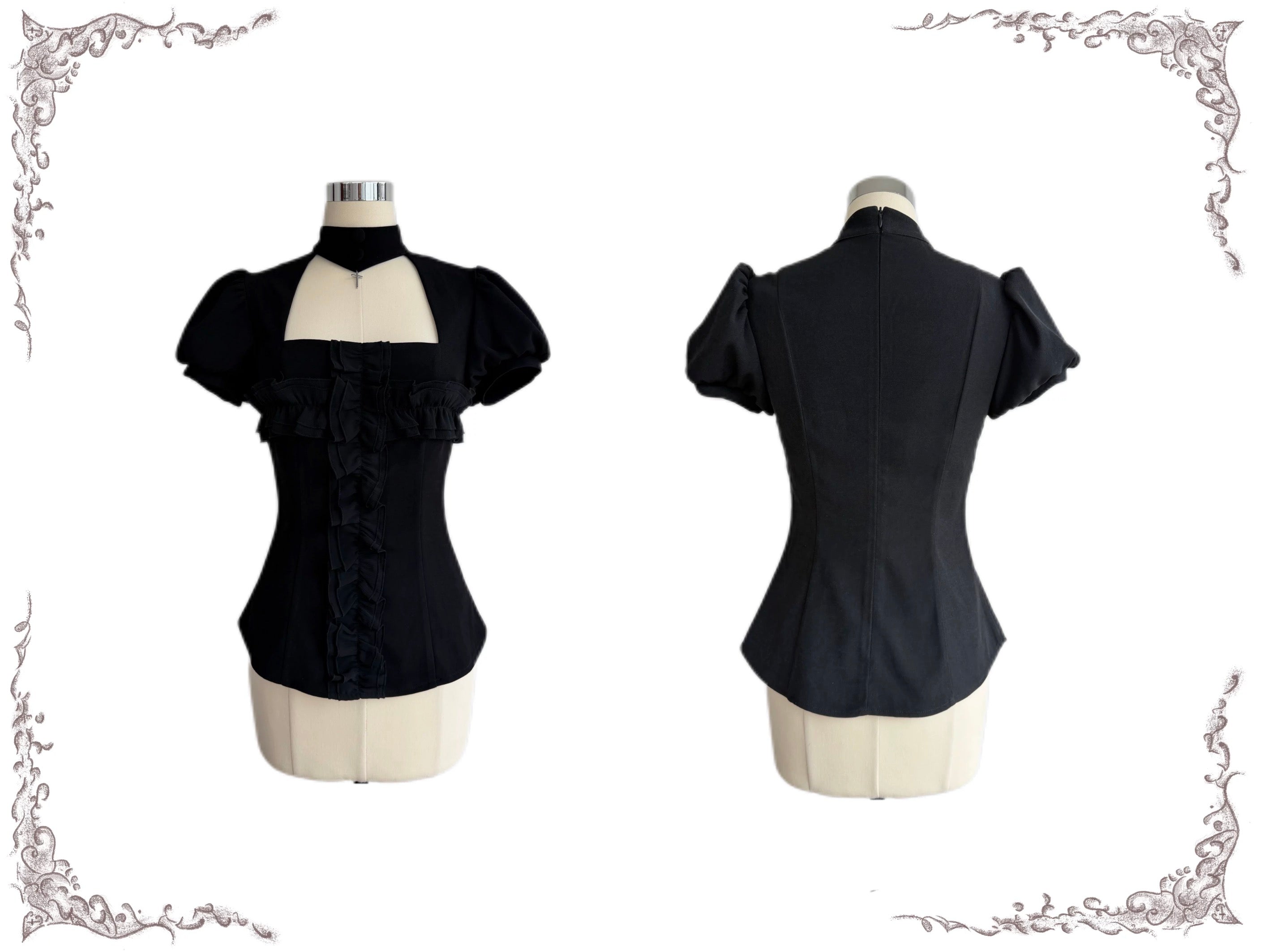 Black gothic maidcore puff sleeve top with monochrome ruffle details