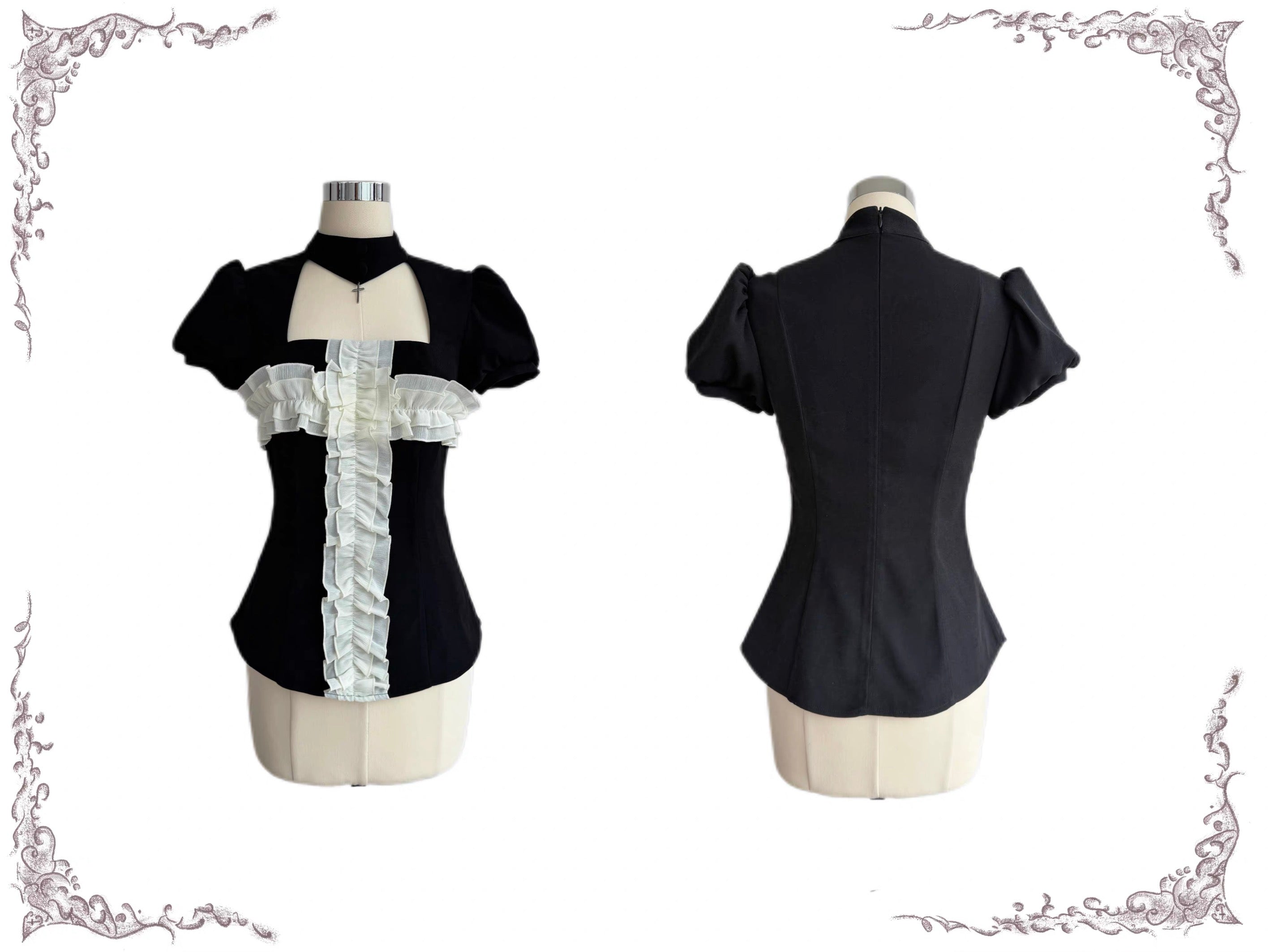 Black gothic puff sleeve top with ruffle trim for dark coquette and gothic lolita outfits