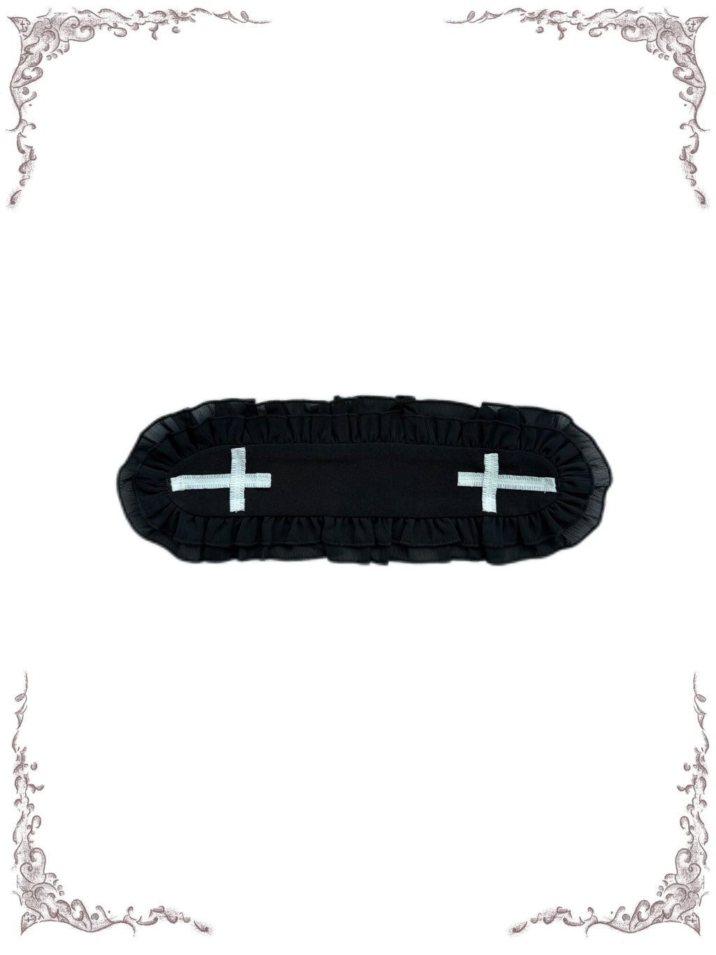 Black gothic maid headband with ruffle trim and cross detail