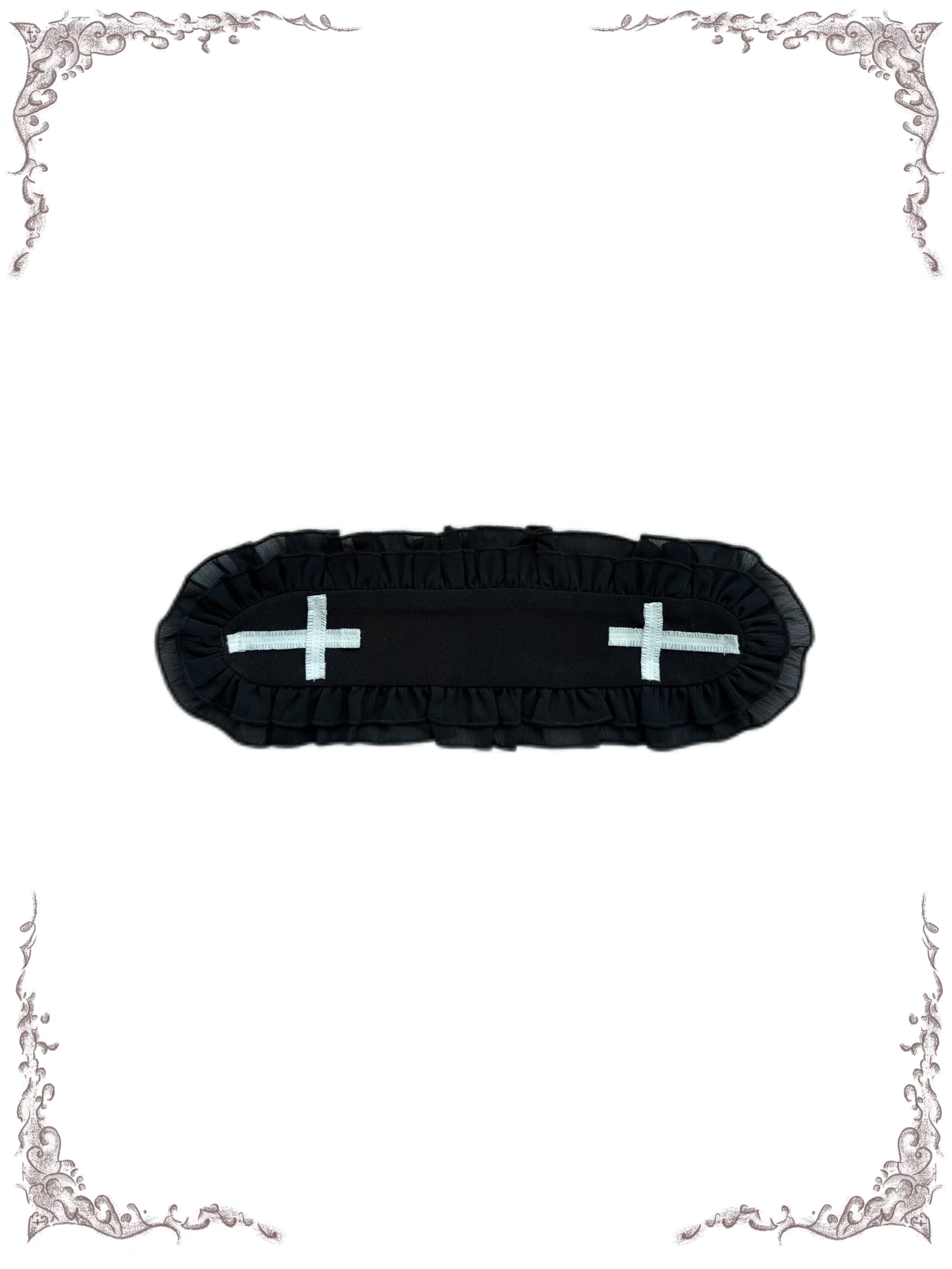 Black gothic maid headband with ruffle trim and cross detail