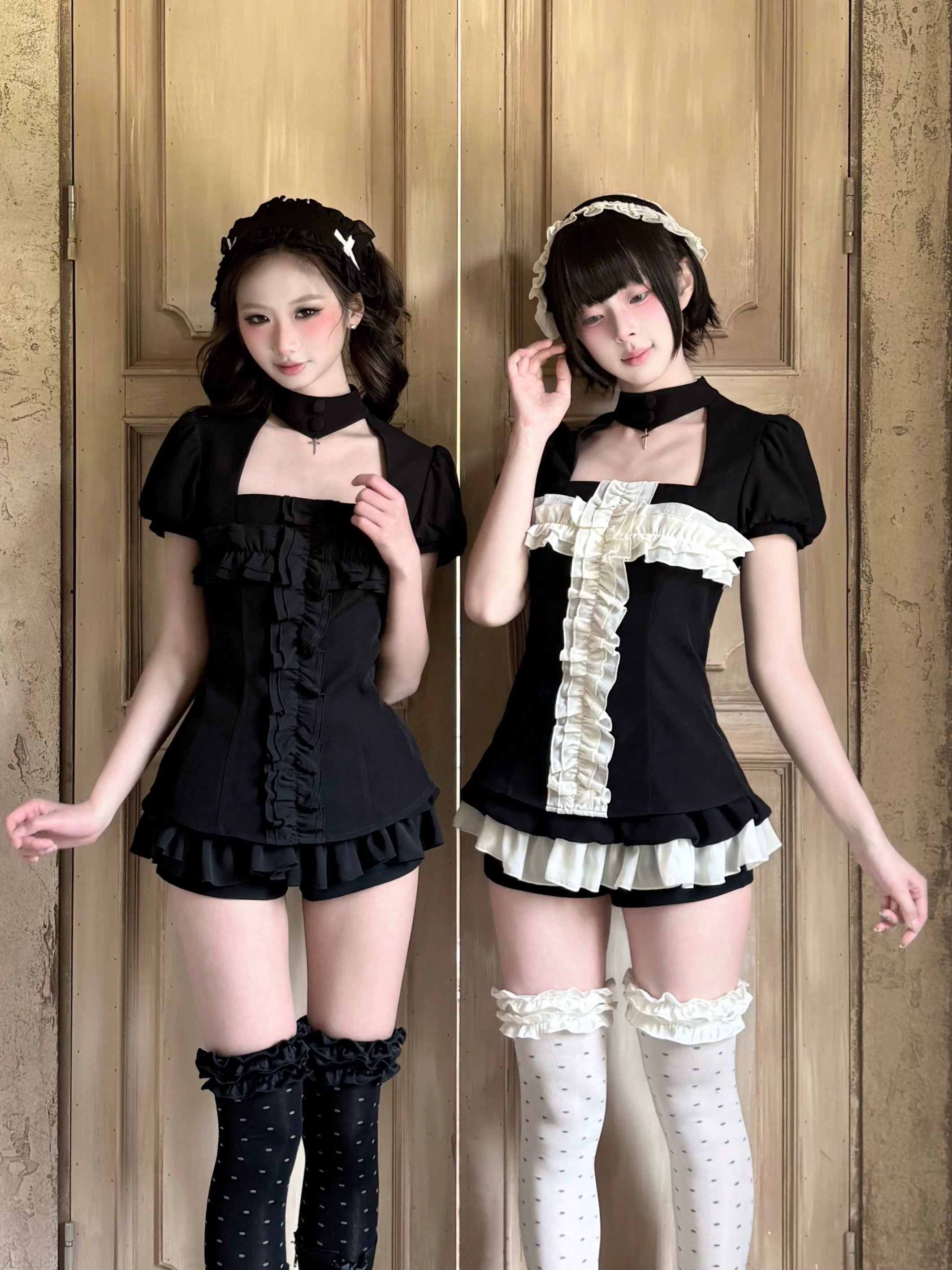 Black and white gothic ruffle bloomers styled with dark coquette anime fashion
