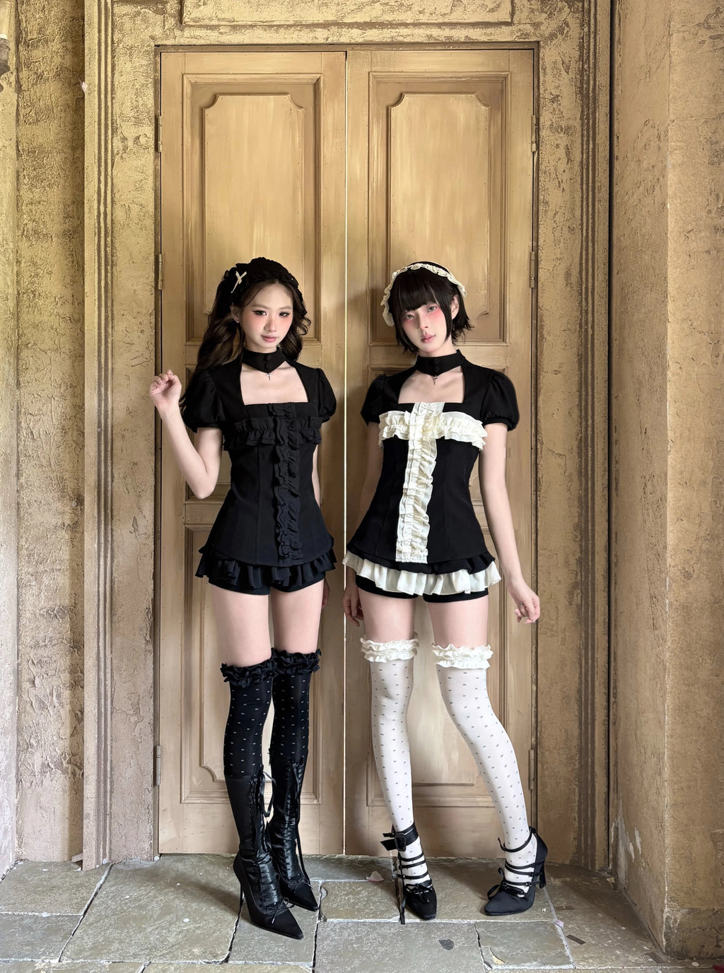 Black and white gothic ruffle stockings styled with dark coquette anime fashion