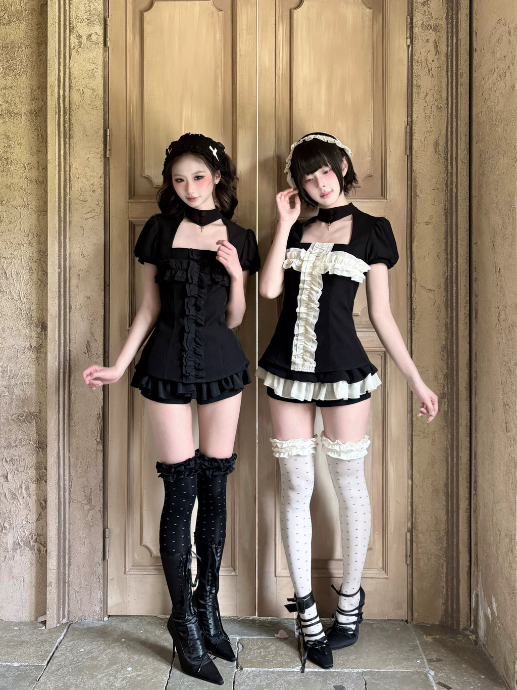 Dark coquette gothic maid outfit featuring black and white over-the-knee stockings