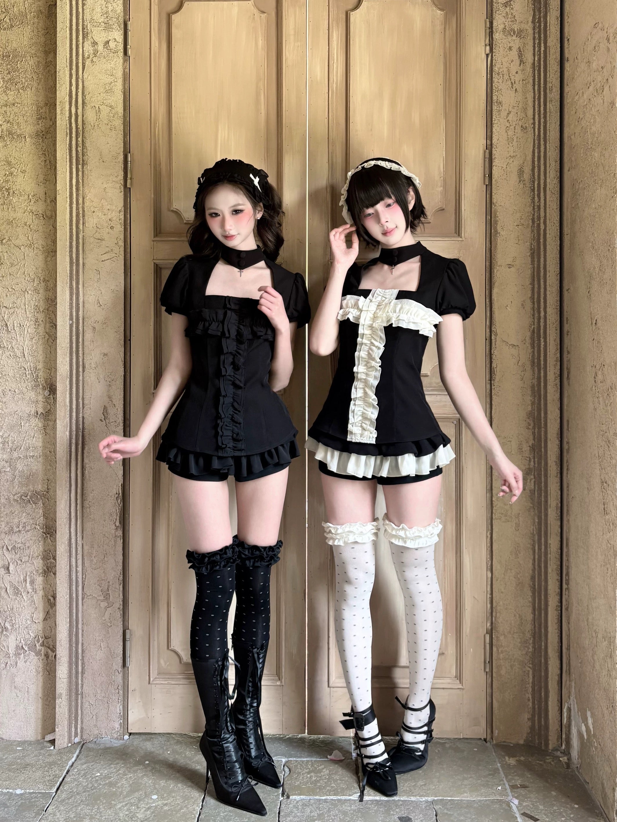 Dark coquette gothic maid outfit featuring black and white over-the-knee stockings