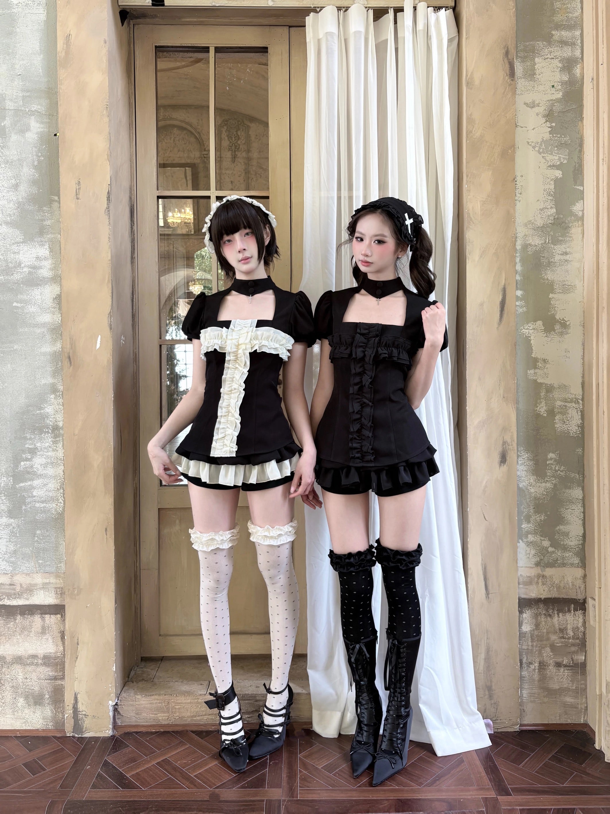 Anime goth maidcore outfits styled with gothic ruffle stockings and platform heels