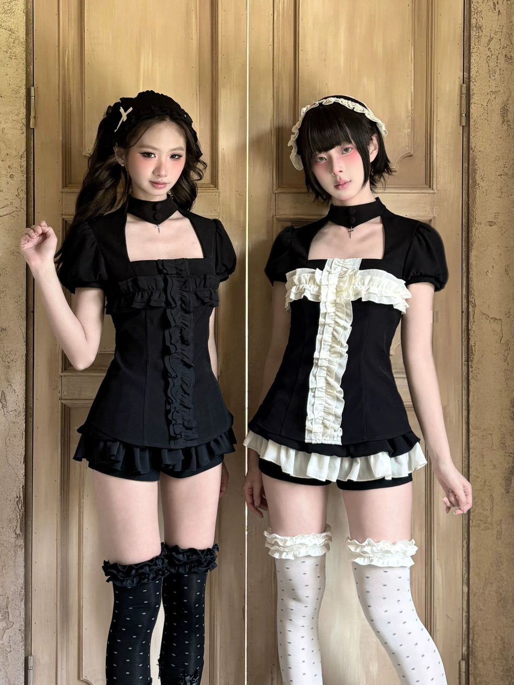 Anime goth maidcore fashion with gothic ruffle bloomers and stockings