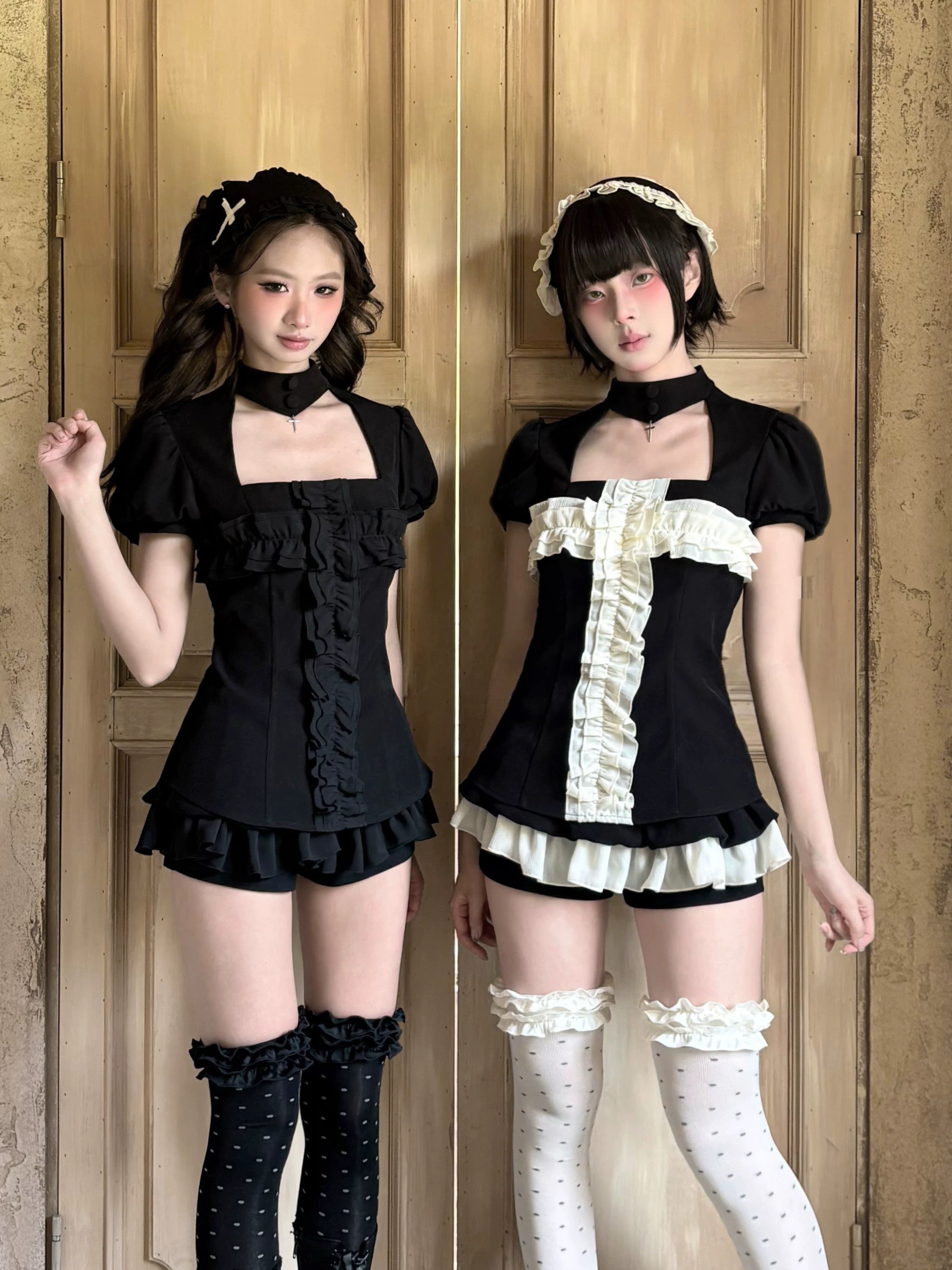 Anime goth maidcore fashion with gothic ruffle bloomers and stockings