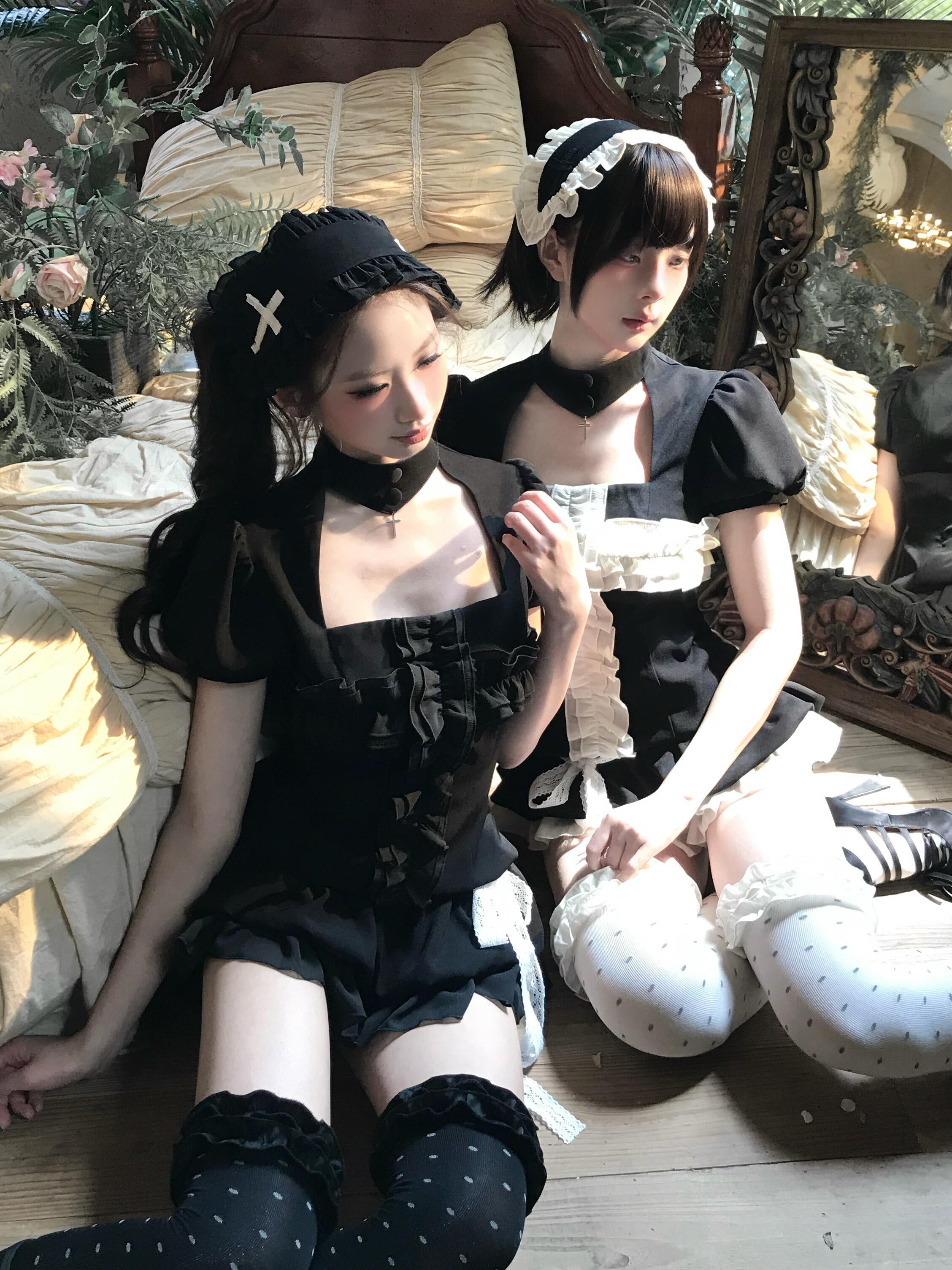 Black and white gothic maid headband styled with dark coquette anime fashion