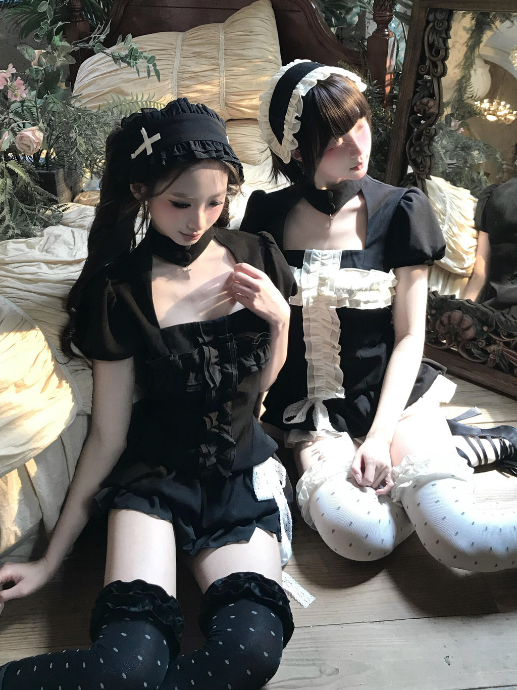 Dark coquette gothic maid outfit with black and white anime-inspired headbands