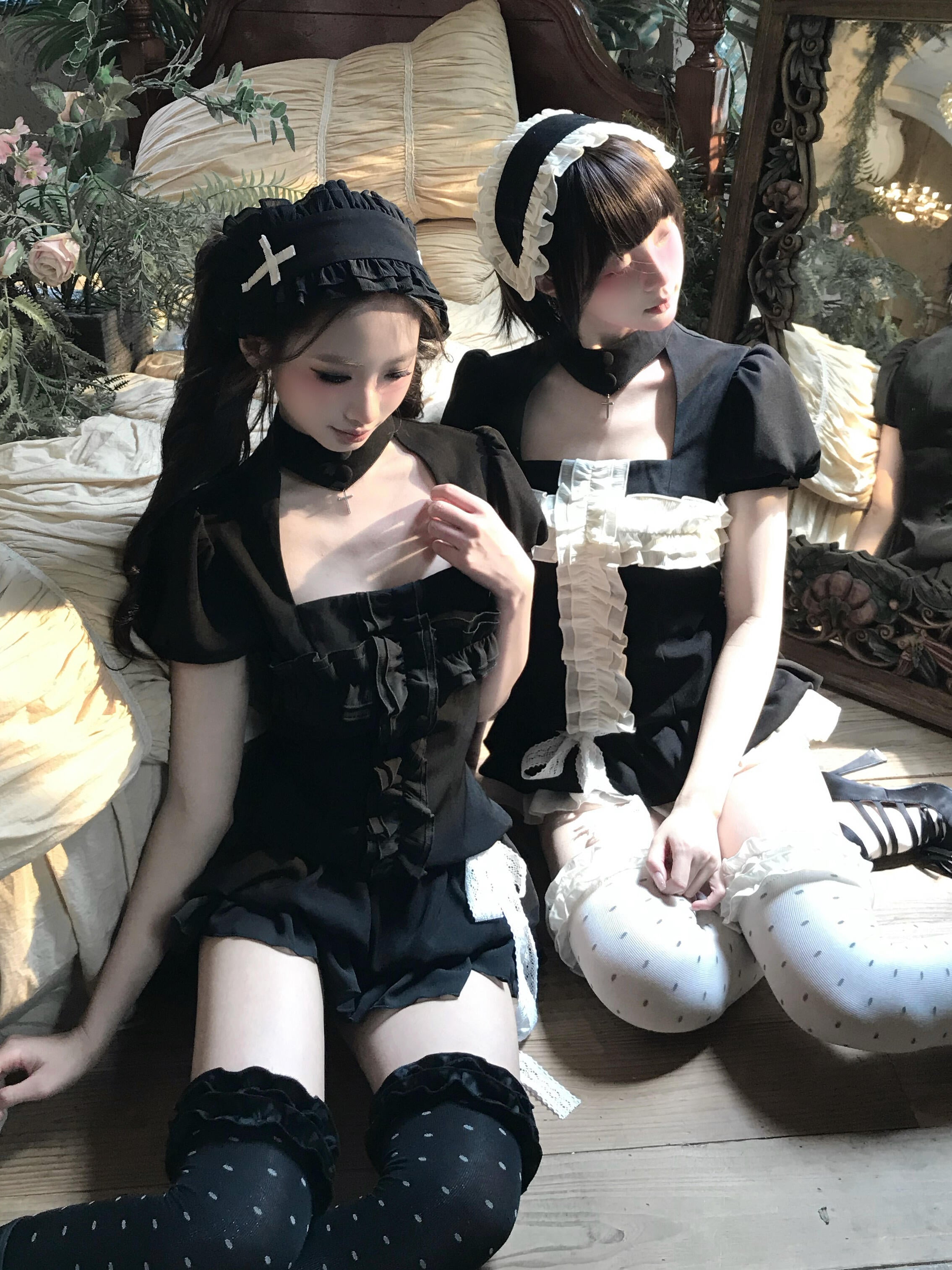 Dark coquette gothic maid outfit with black and white anime-inspired headbands