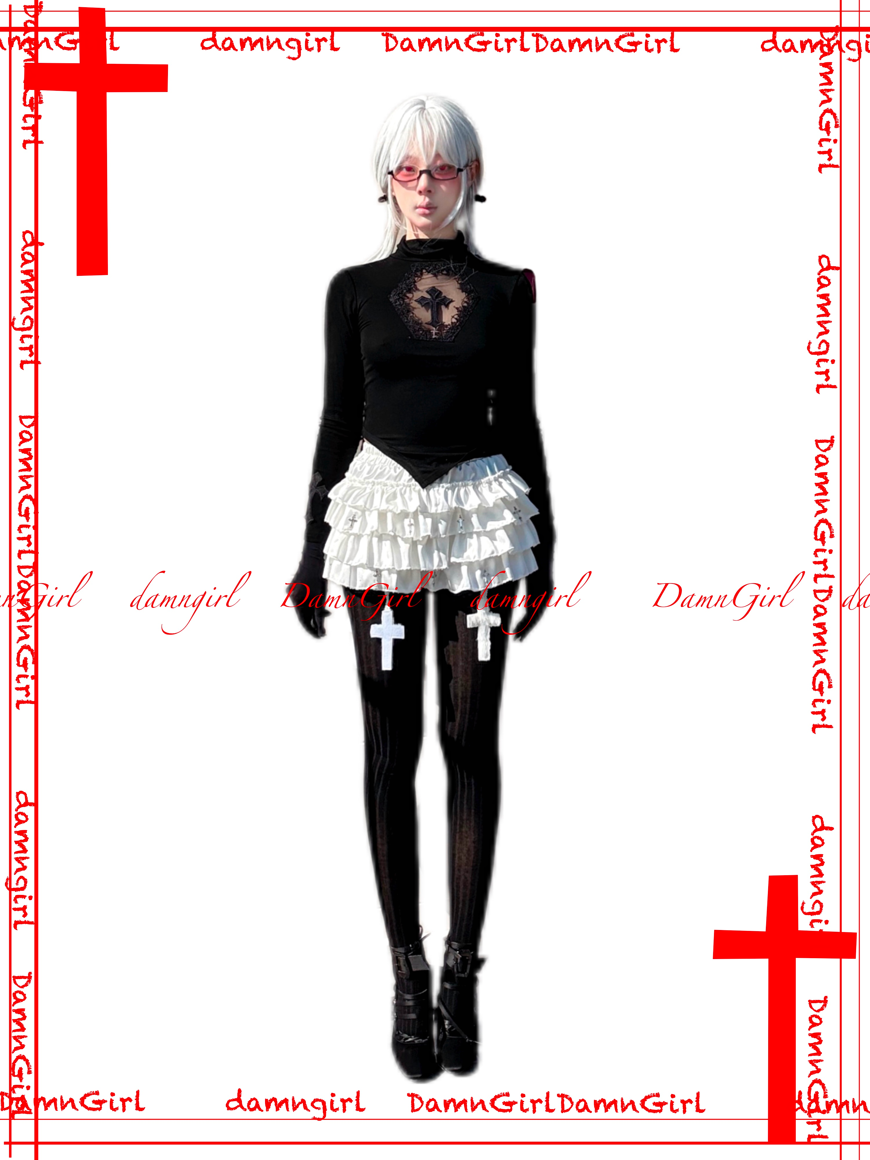 Dark Gothic Cross Cutout Top with Nine Crosses-Damn Girl