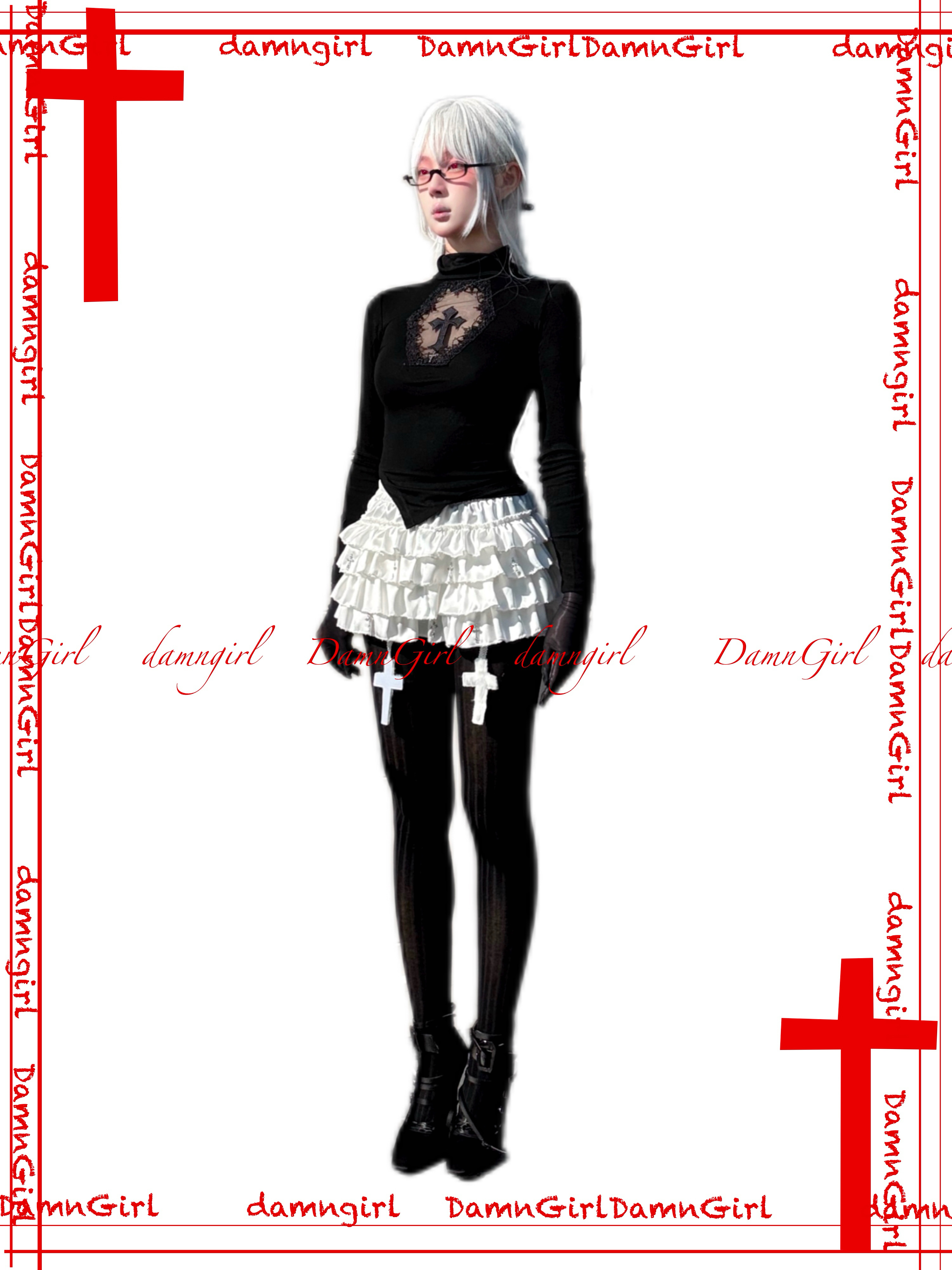 Dark Gothic Cross Cutout Top with Nine Crosses-Damn Girl