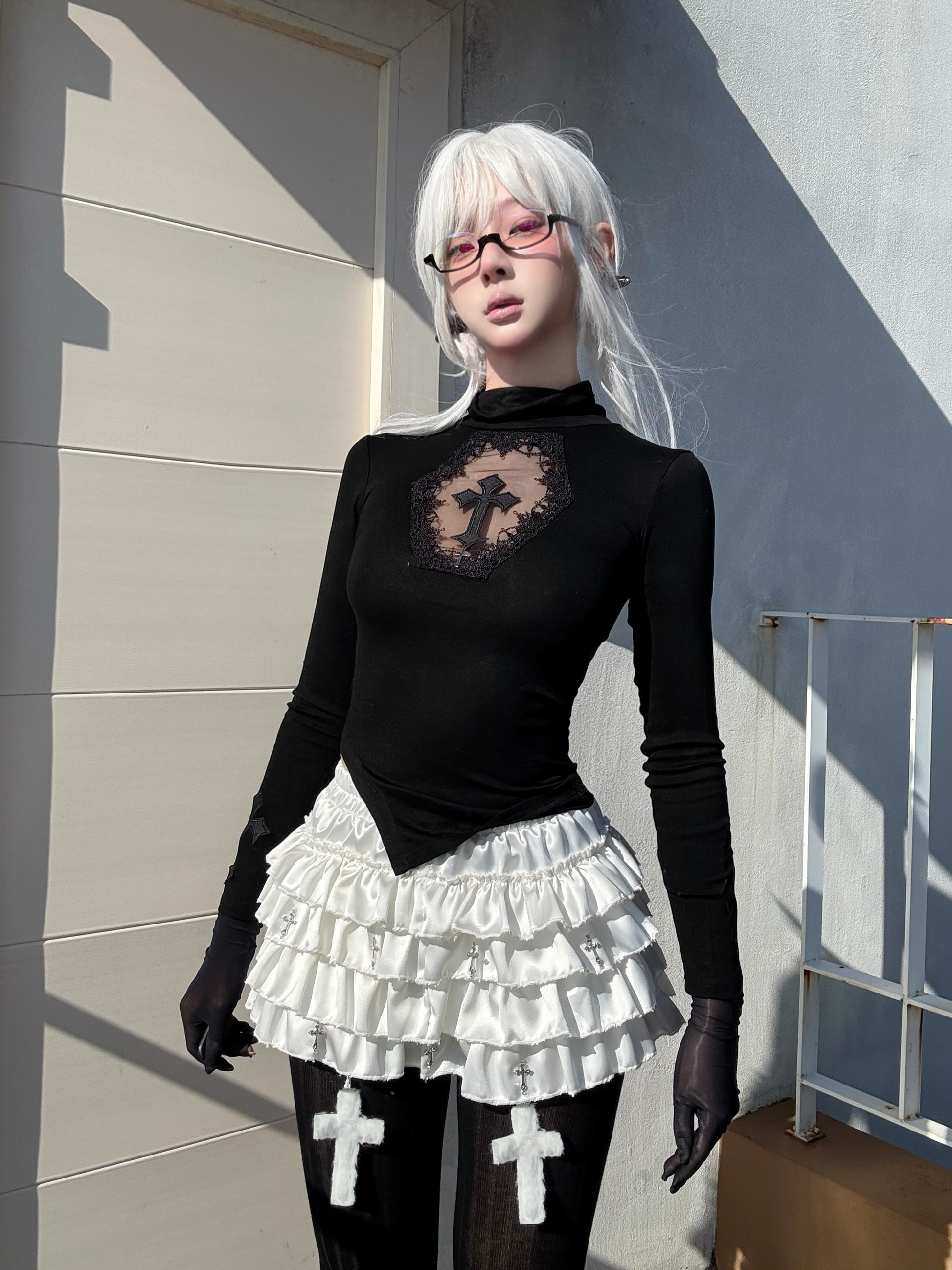 Dark Gothic Cross Cutout Top with Nine Crosses-Damn Girl