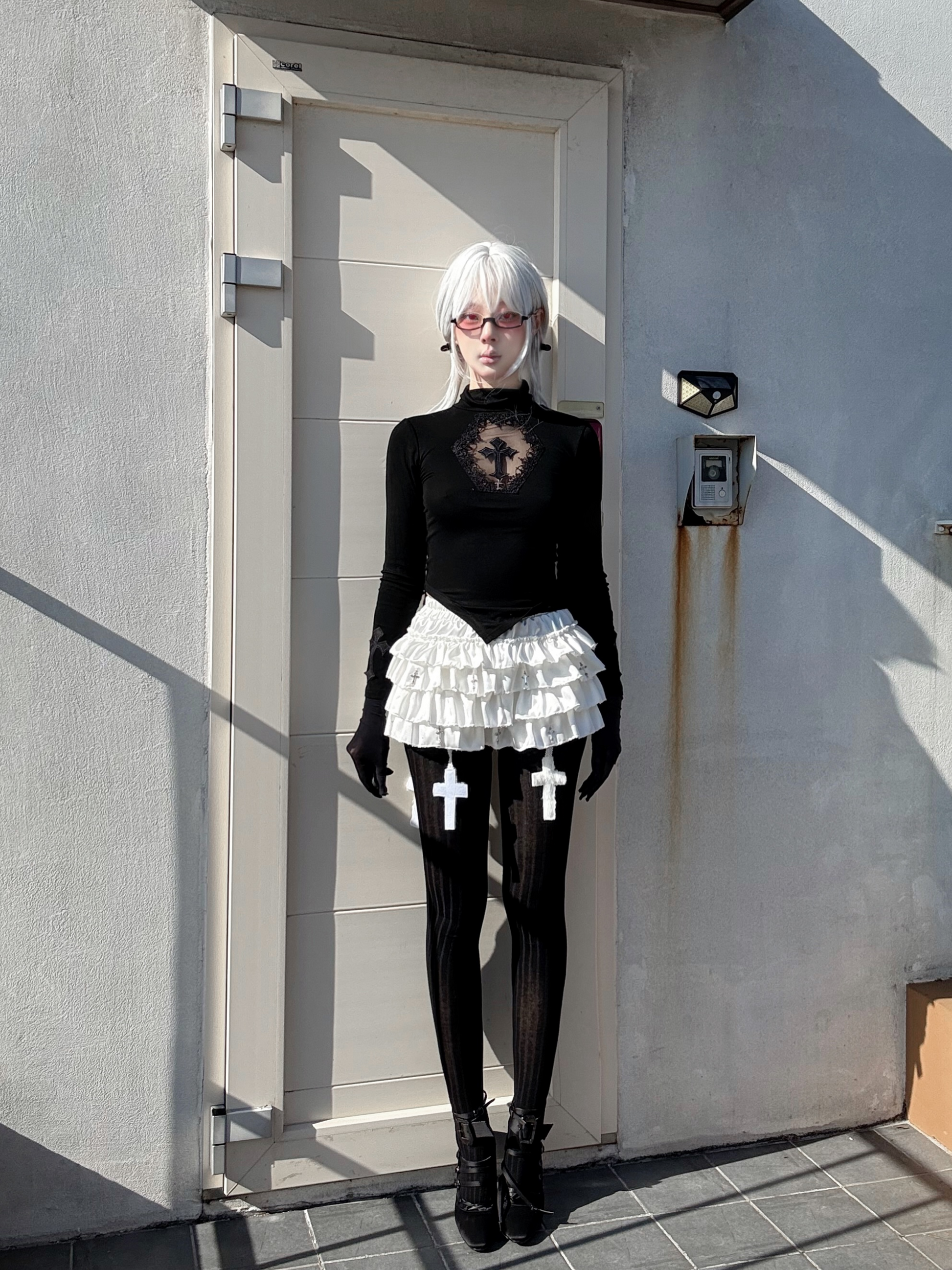 Dark Gothic Cross Cutout Top with Nine Crosses-Damn Girl