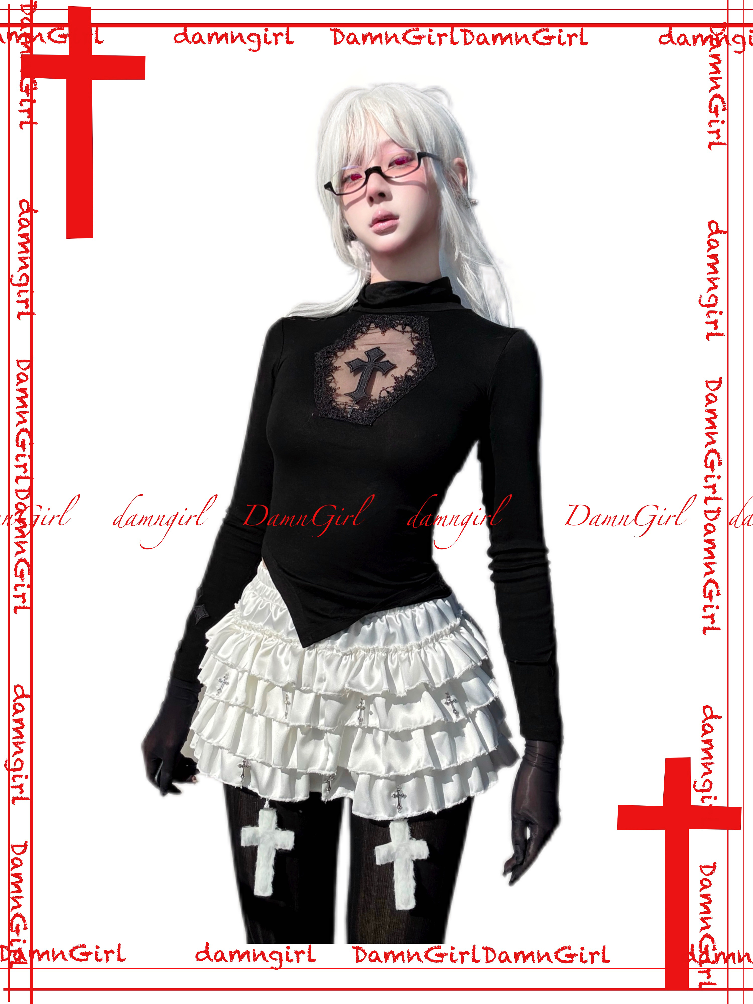 Dark Gothic Cross Cutout Top with Nine Crosses-Damn Girl