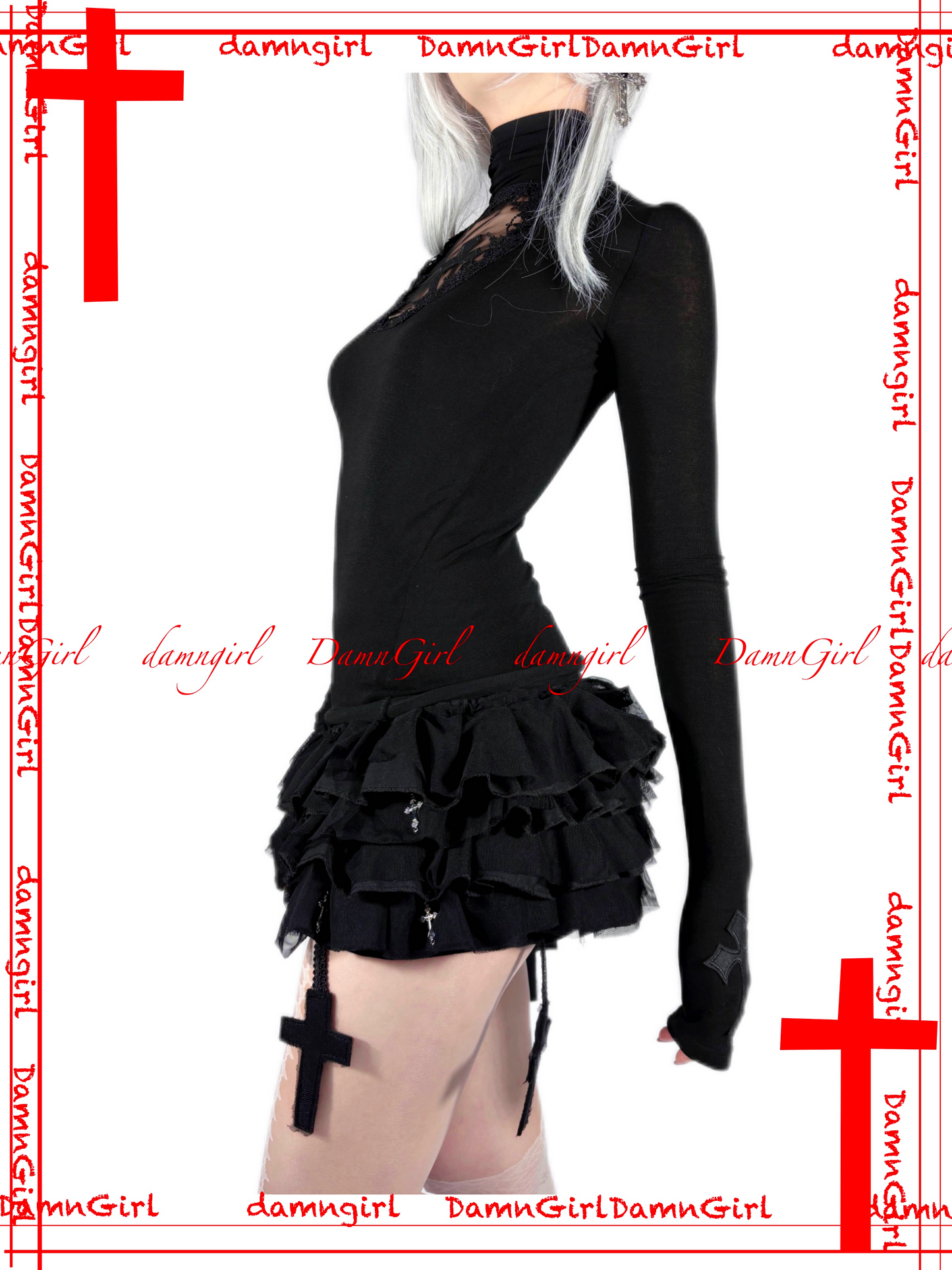 Dark Gothic Cross Skirt with Tiered Ruffle Bloomers-Damn Girl